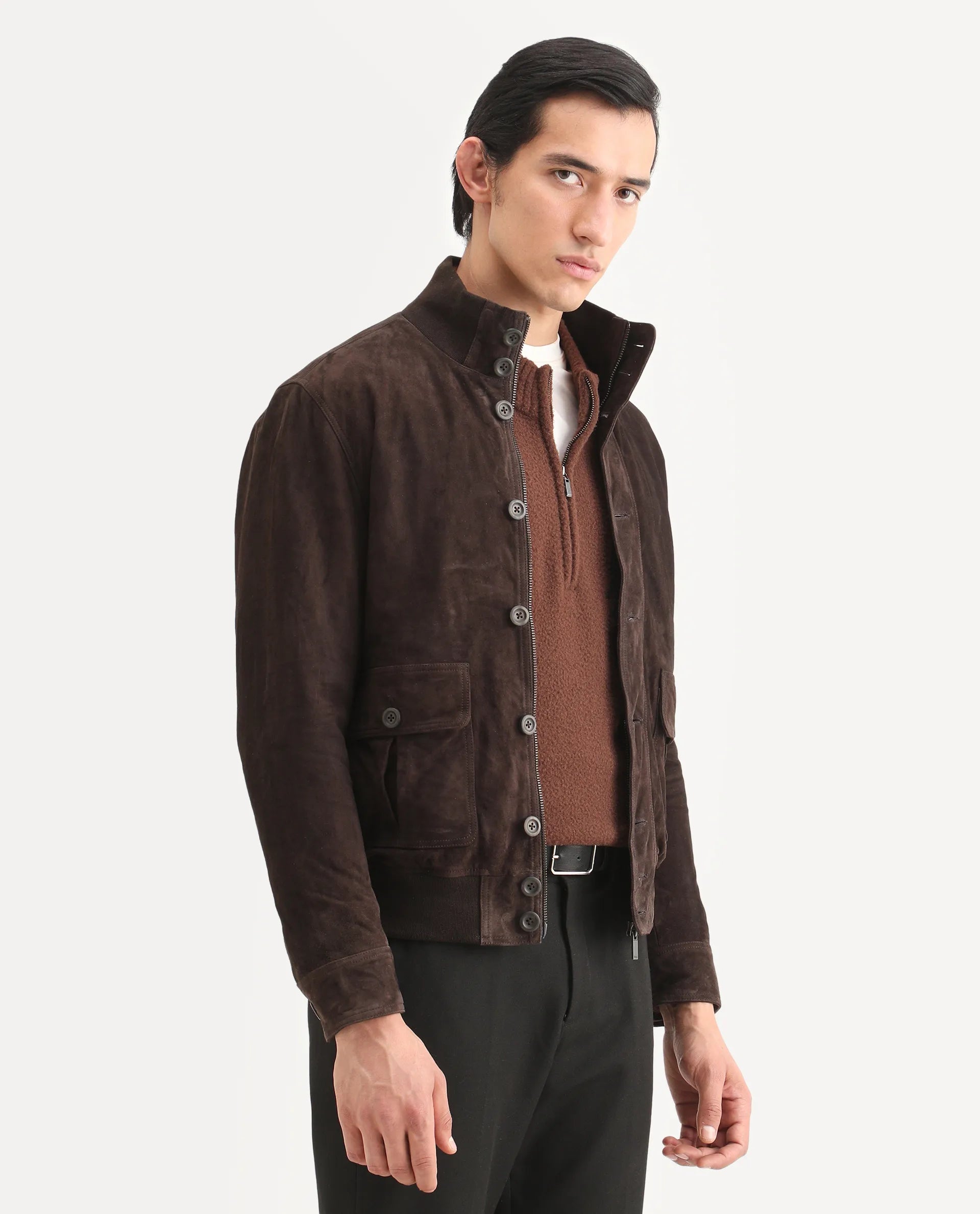 Rare Rabbit Men's Byron Brown Leather Fabric High Neck Ribbed Collar Regular Fit Plain Jacket