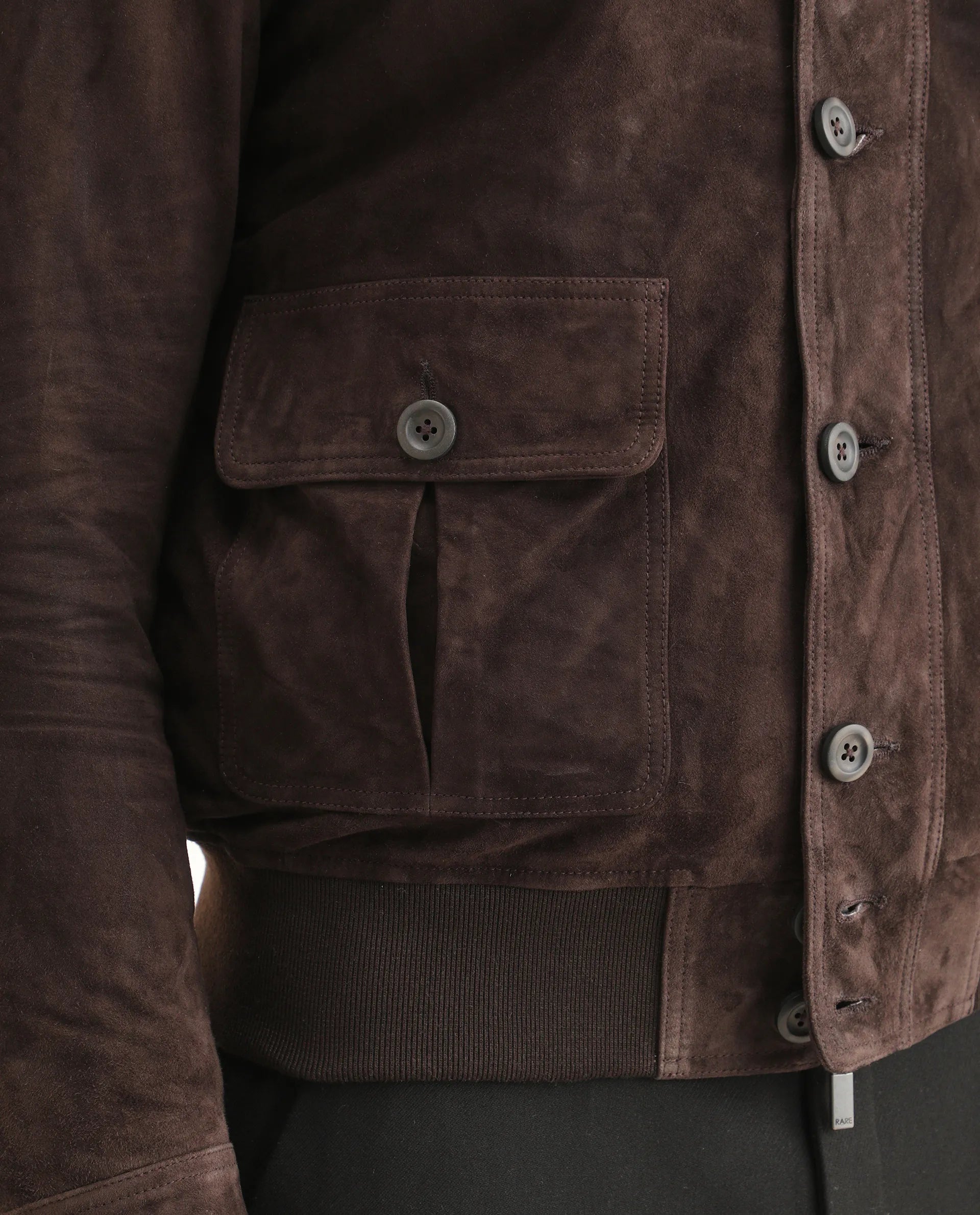 Rare Rabbit Men's Byron Brown Leather Fabric High Neck Ribbed Collar Regular Fit Plain Jacket