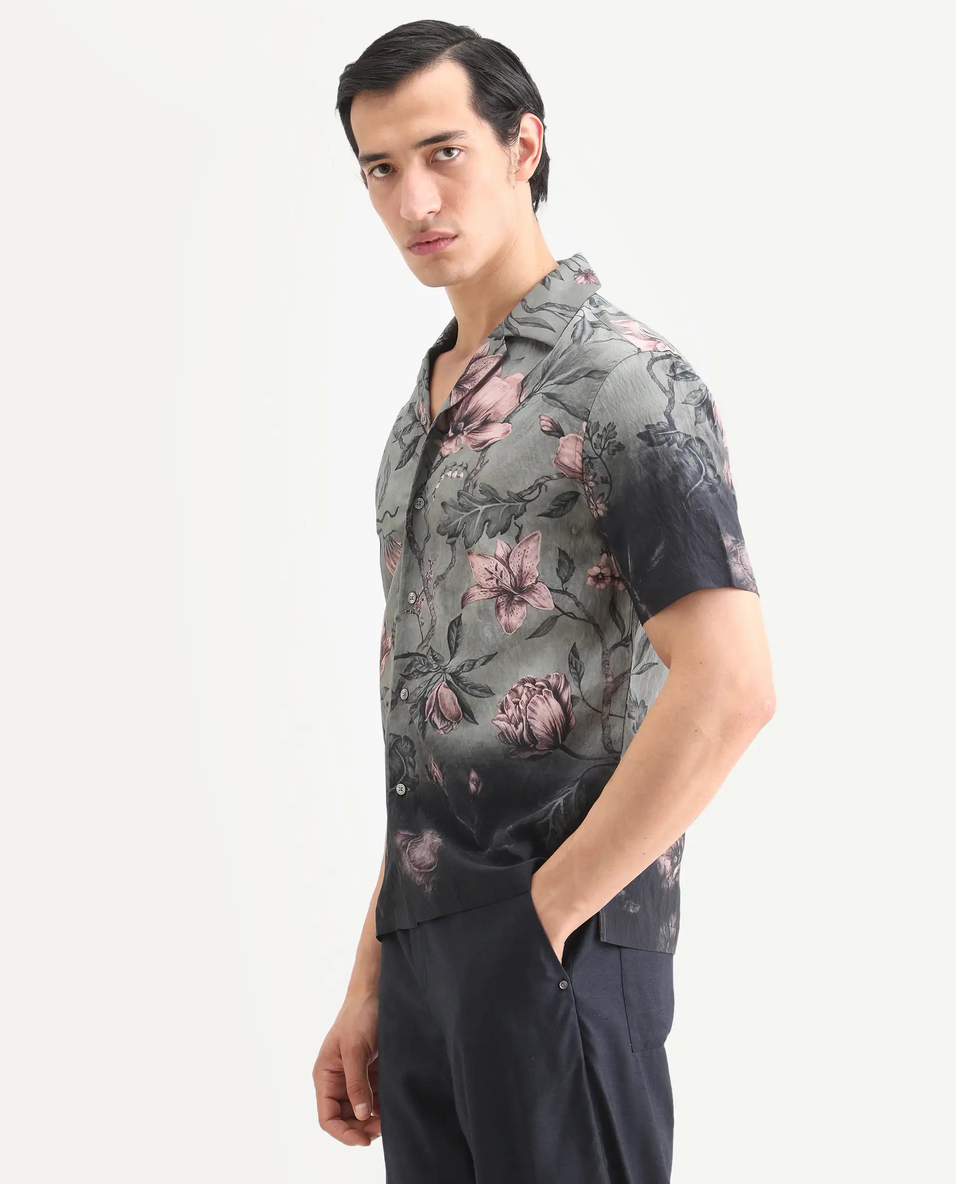 Rare Rabbit Men's Litor Dusky Green Viscose Blend Floral Print Relaxed Fit Half Sleeve Cuban Collar Shirt