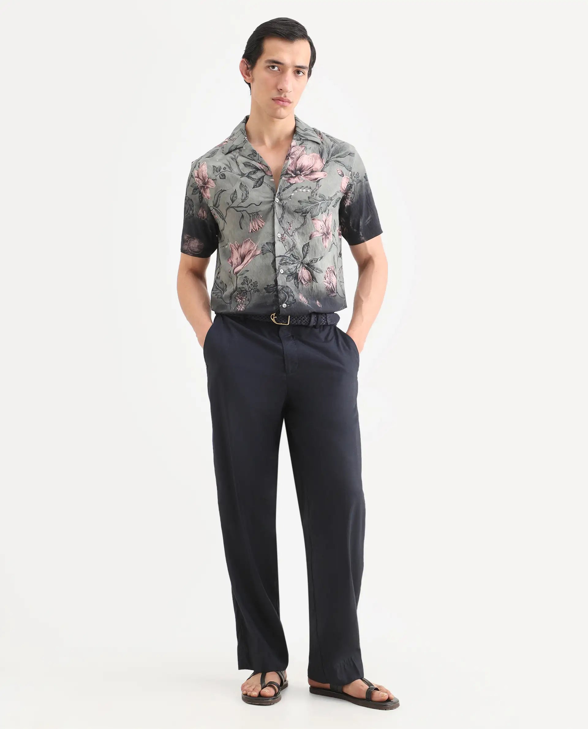 Rare Rabbit Men's Litor Dusky Green Viscose Blend Floral Print Relaxed Fit Half Sleeve Cuban Collar Shirt
