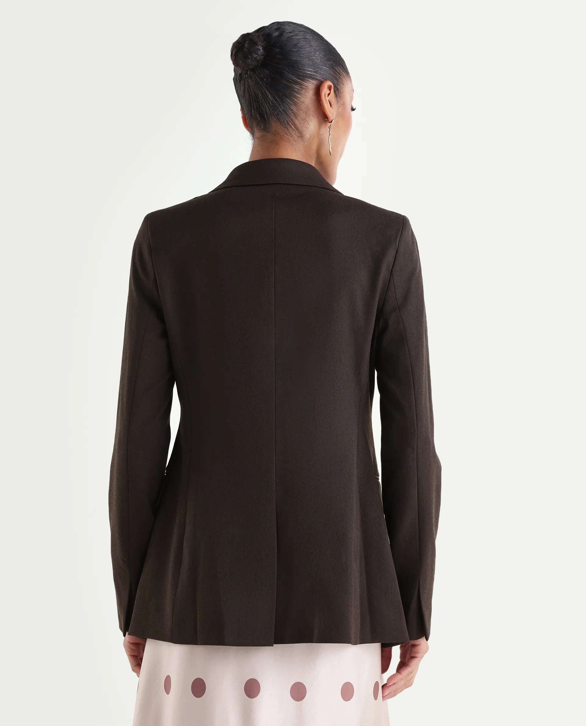 Rareism Women's Reca Dark Brown Polyester Blend Fabric Full Sleeve Lapel Collar Plain Blazer