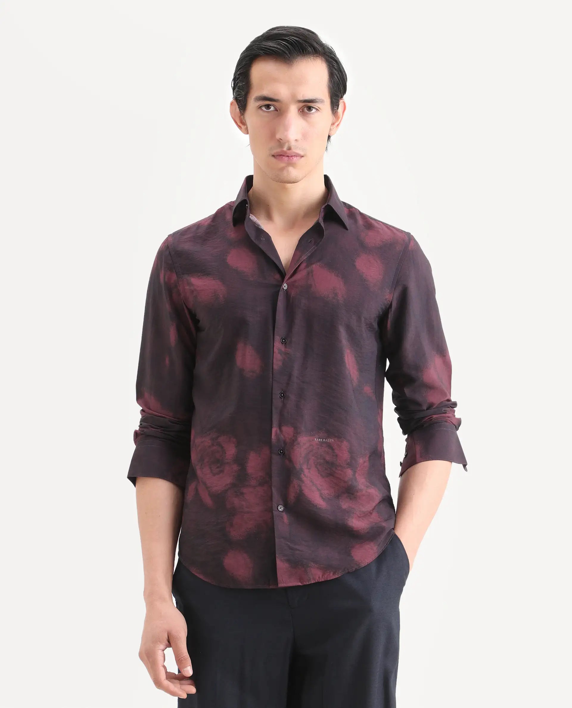 Rare Rabbit Men's Zena Maroon Viscose Blend Fabric Collared Neck Regular Printed Shirt