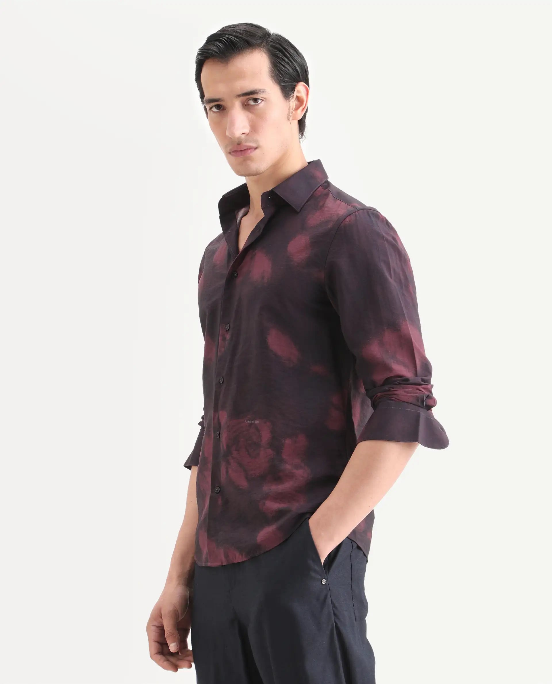 Rare Rabbit Men's Zena Maroon Viscose Blend Fabric Collared Neck Regular Printed Shirt