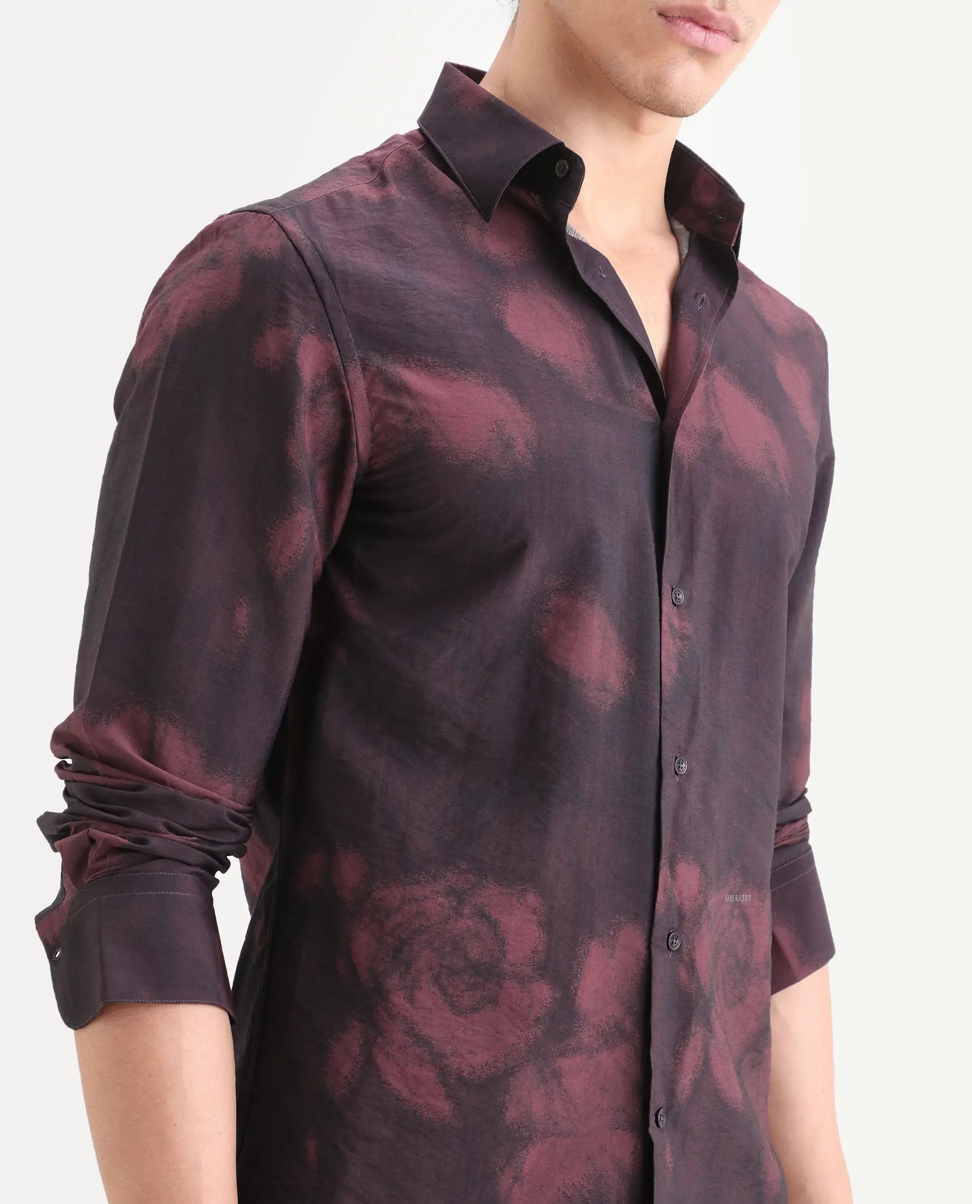 Rare Rabbit Men's Zena Maroon Viscose Blend Fabric Collared Neck Regular Printed Shirt