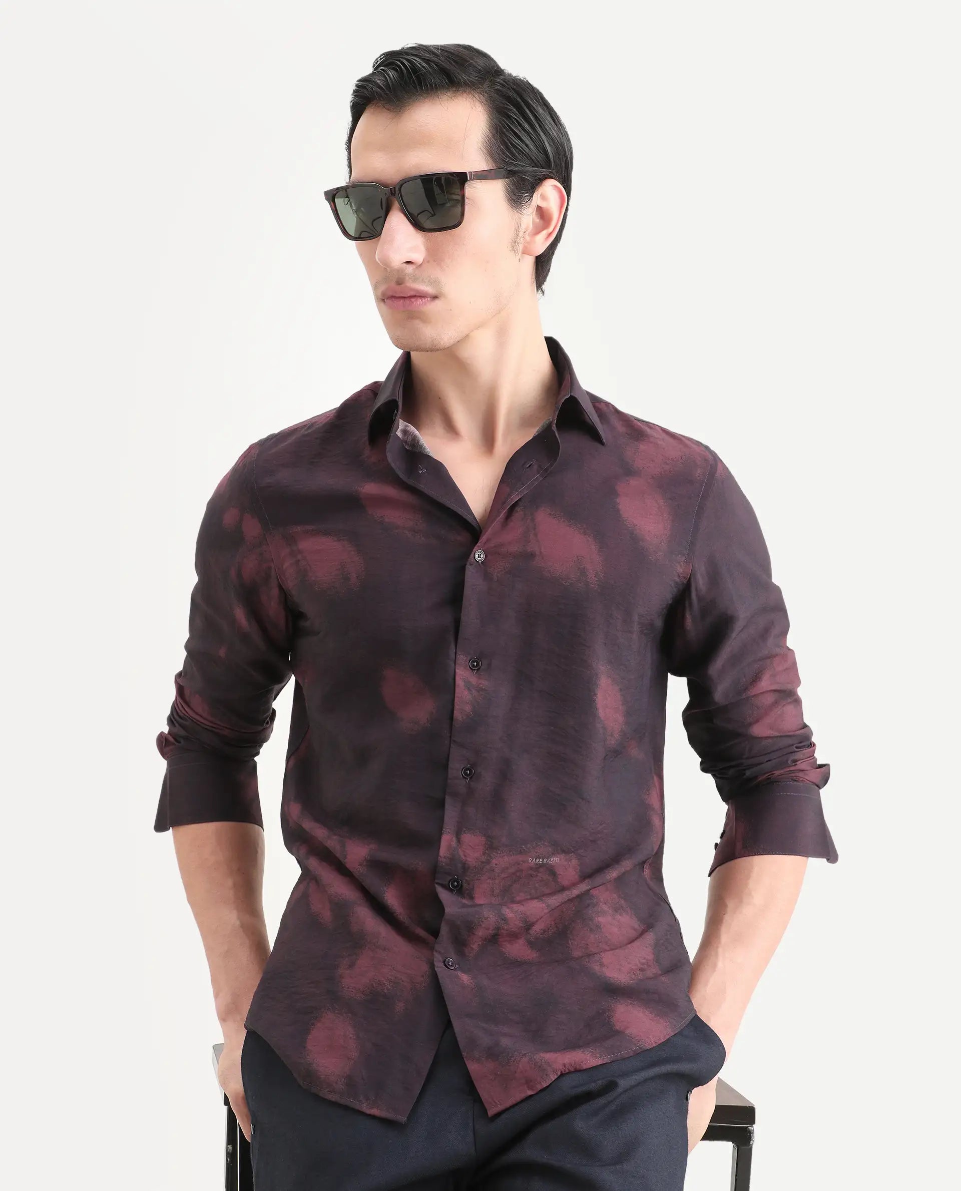 Rare Rabbit Men's Zena Maroon Viscose Blend Fabric Collared Neck Regular Printed Shirt