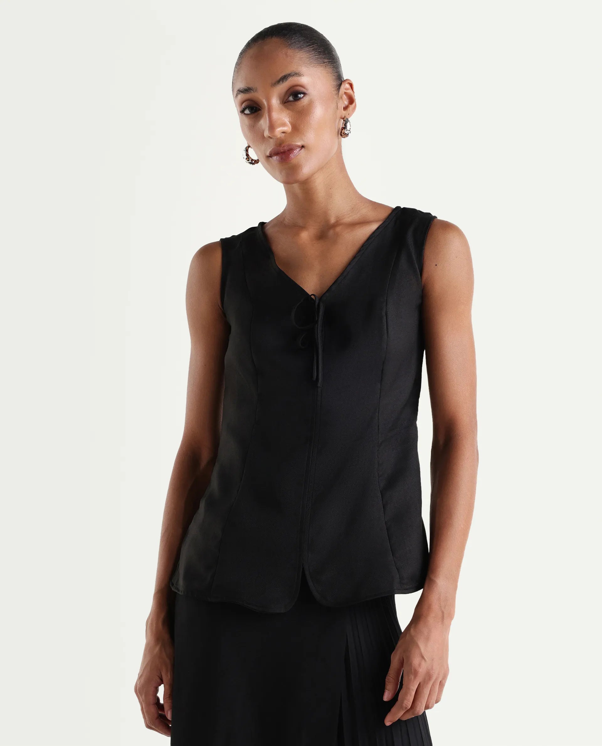 Rareism Women's Valton Black Polyester Sleeveless Regular Fit Plain Top