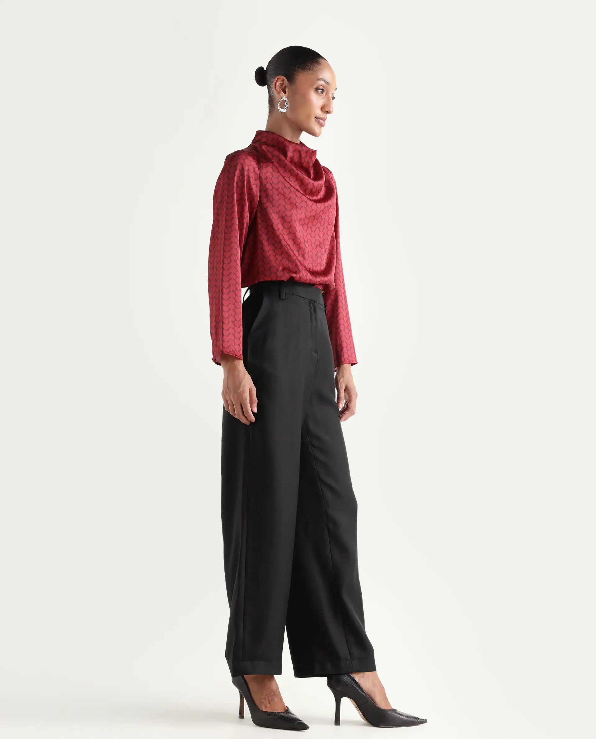 Rareism Women's Vrait Black Polyester Straight Plain Trouser