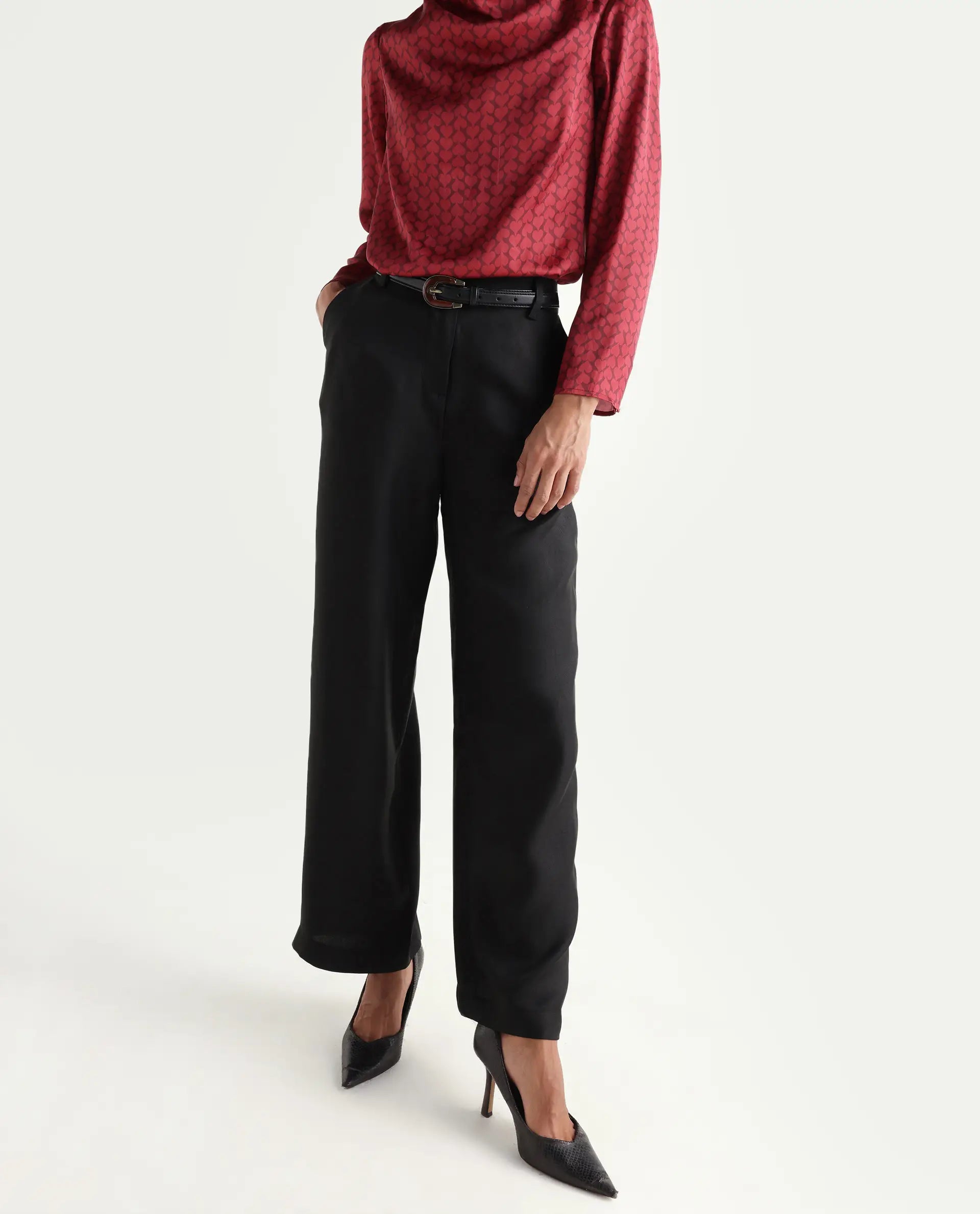 Rareism Women's Vrait Black Polyester Straight Plain Trouser