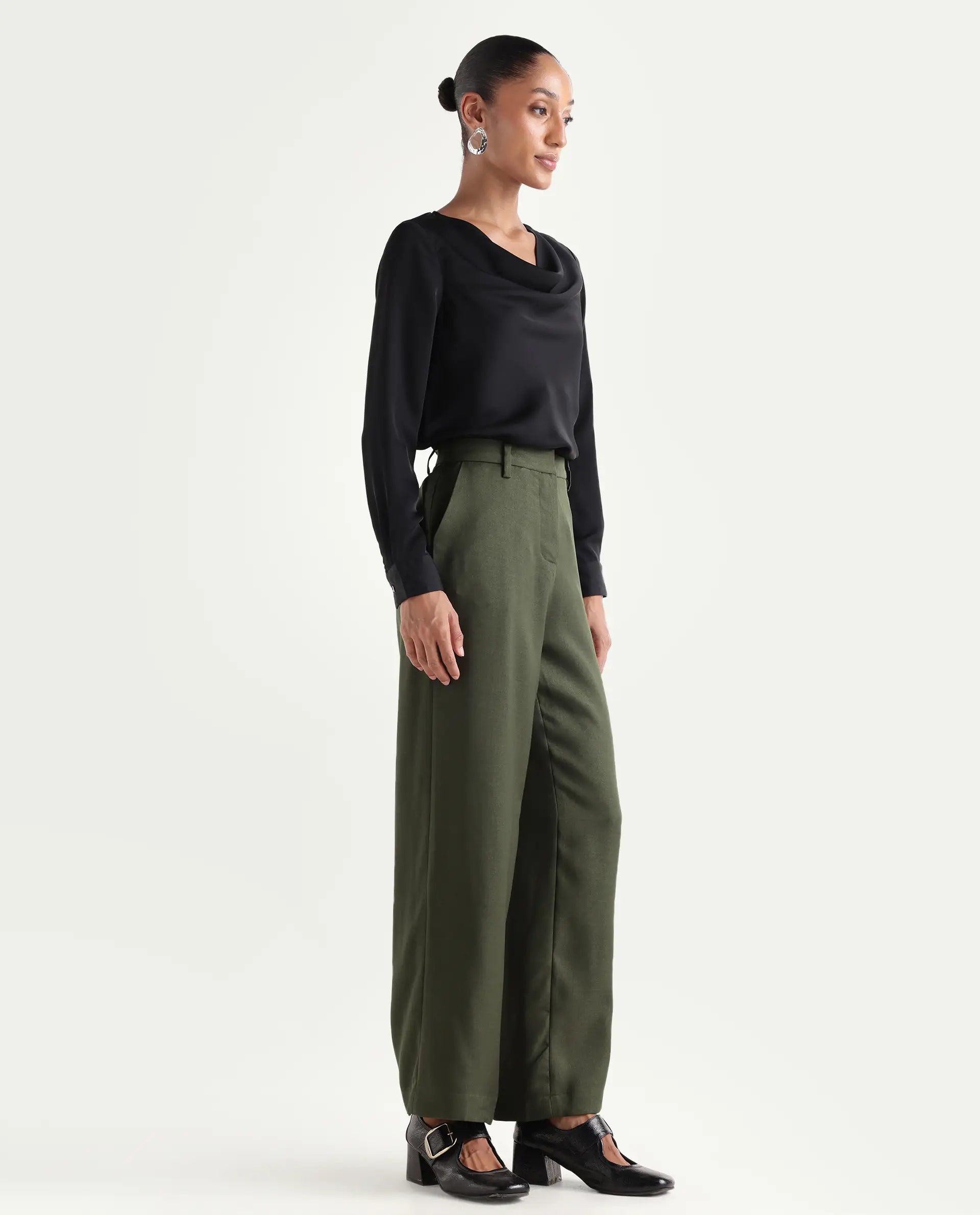 Rareism Women's Vrait Olive Polyester Straight Plain Trouser