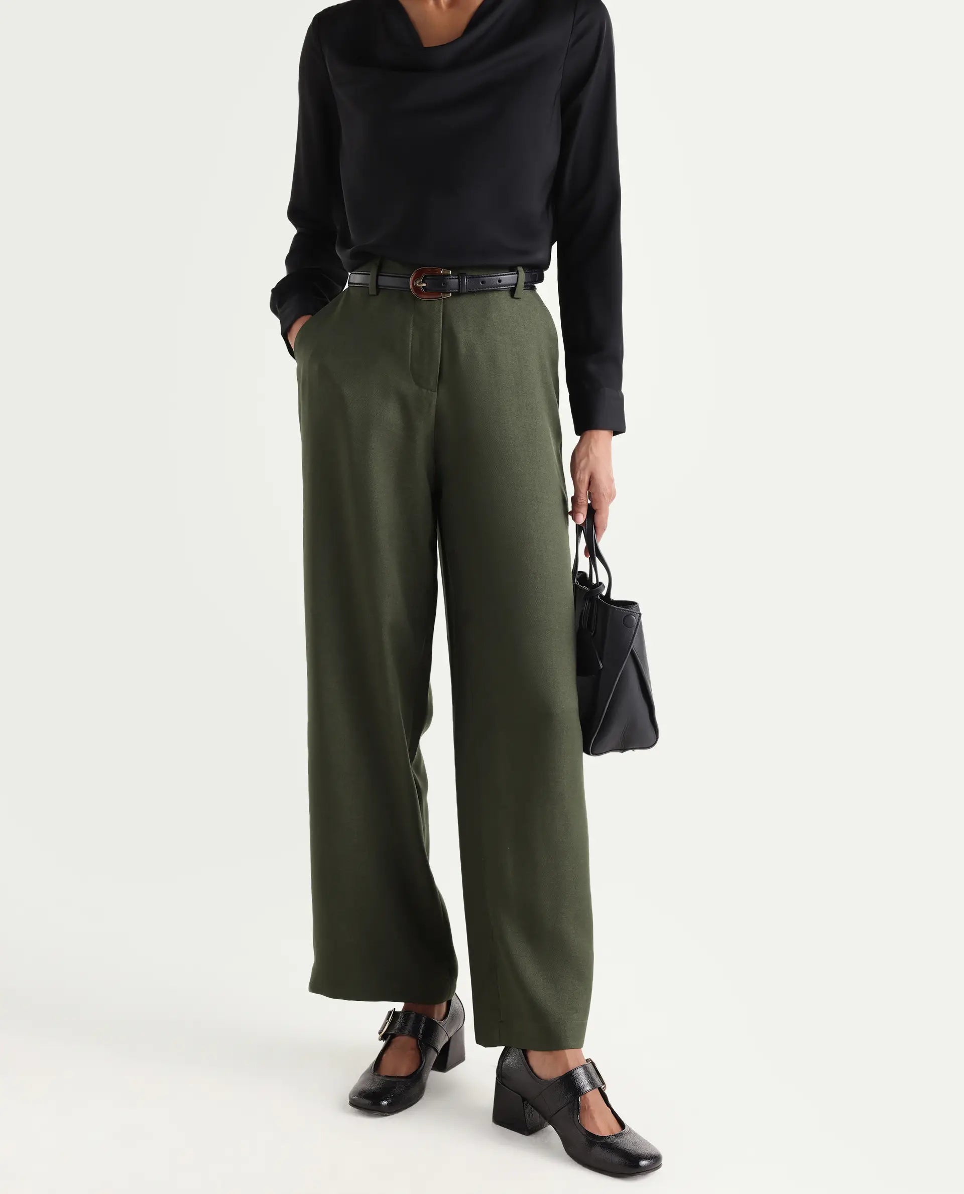 Rareism Women's Vrait Olive Polyester Straight Plain Trouser