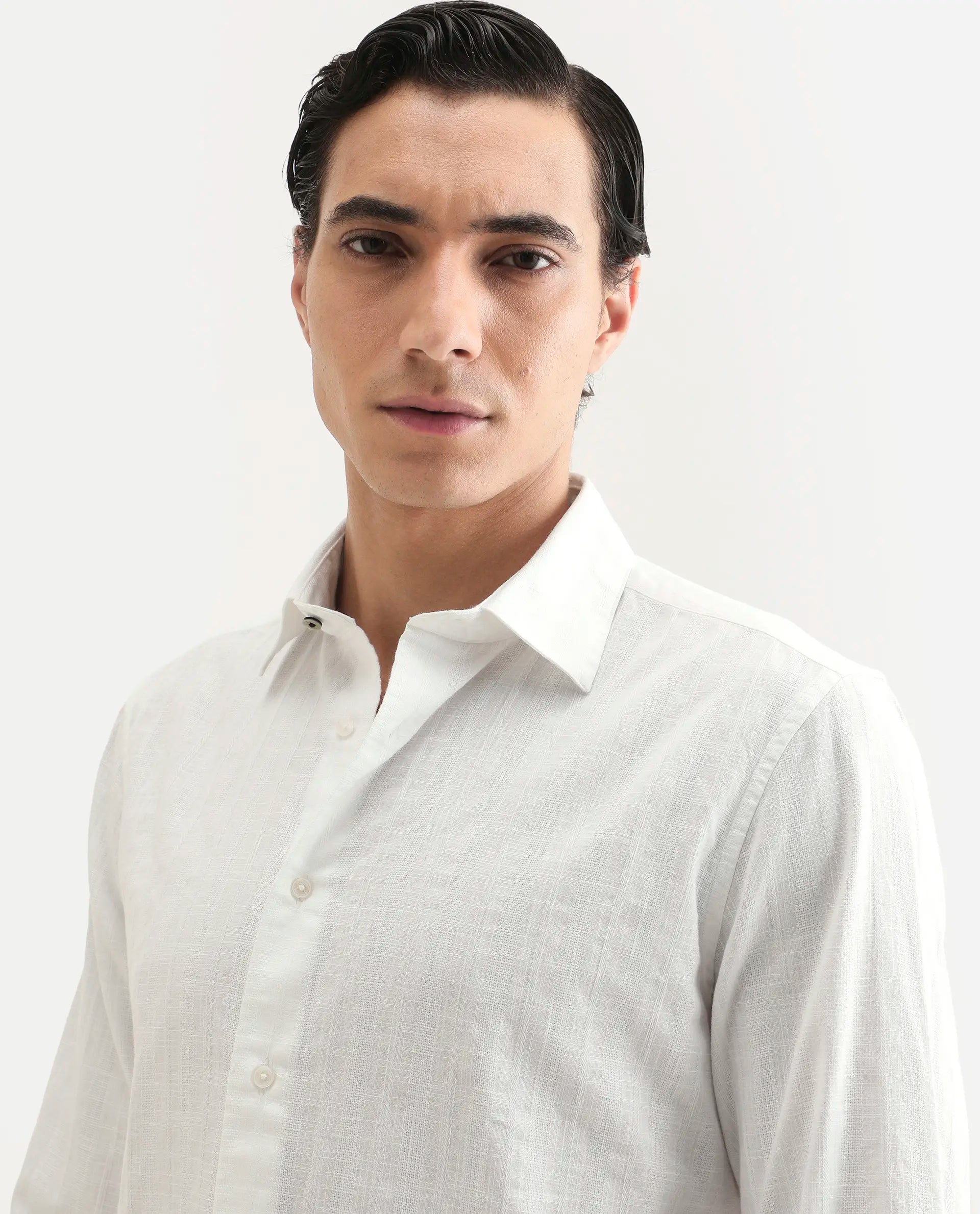 Rare Rabbit Men's Laver White Cotton Fabric Full Sleeve Regular Fit Textured Shirt