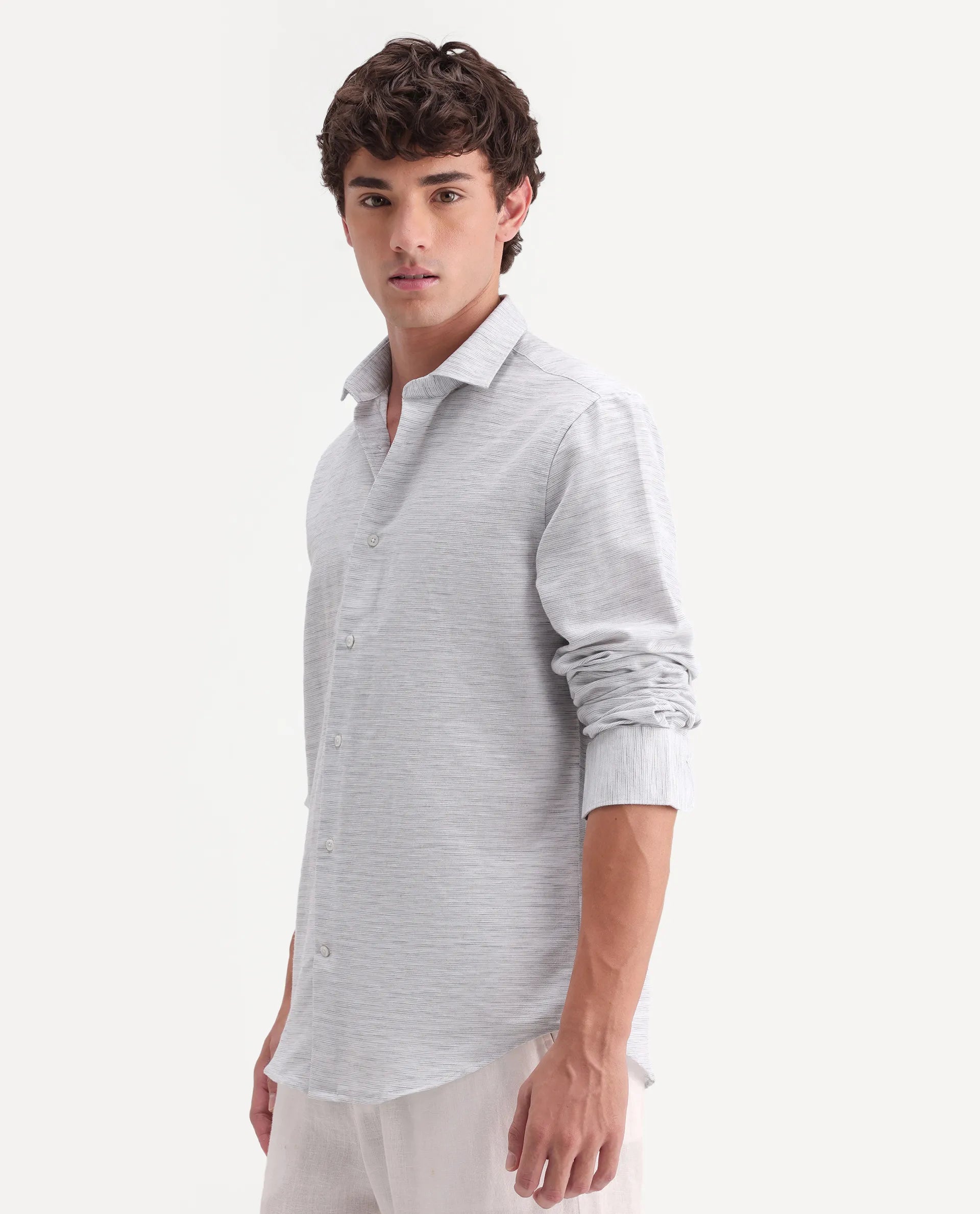 Rare Rabbit Men's Frit Light Grey Linen Blend Fabric Full Sleeve Regular Fit Textured Shirt