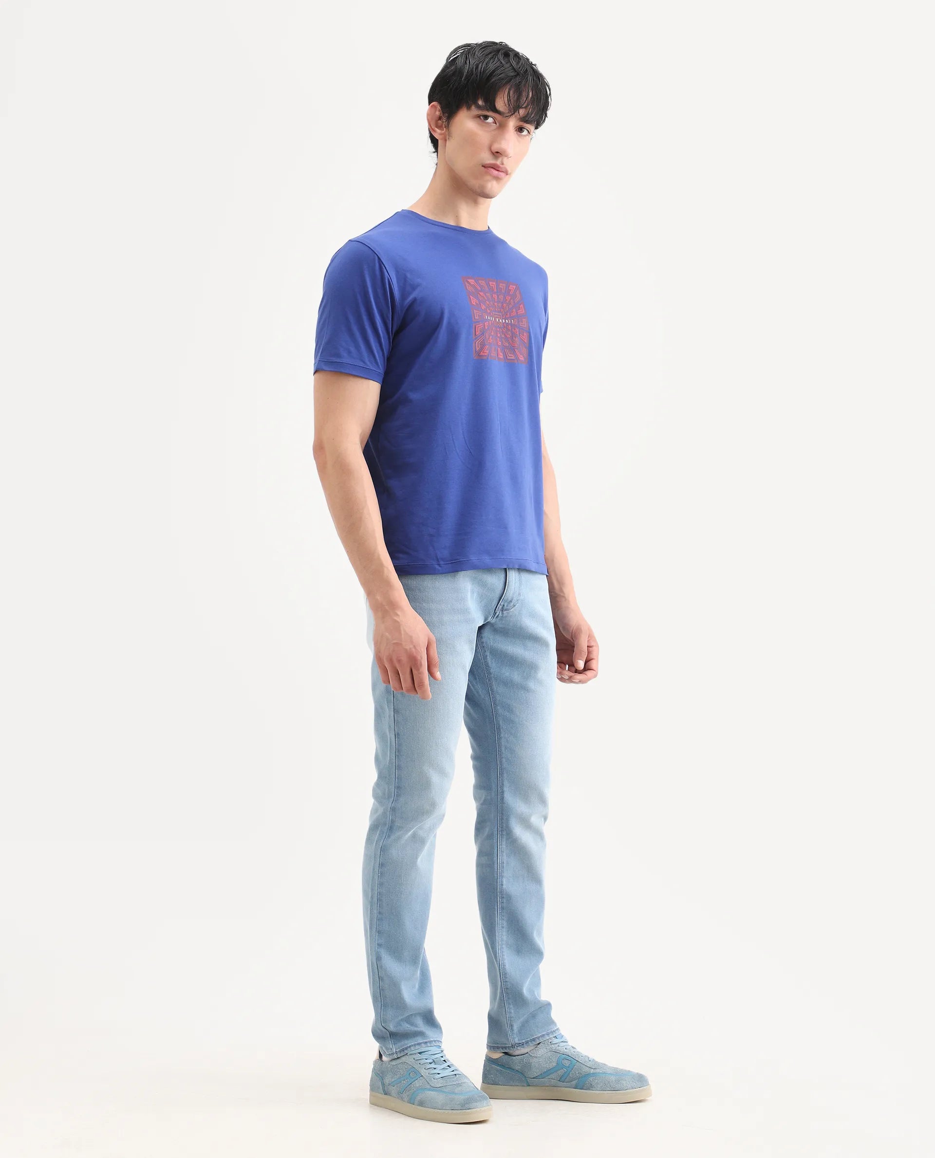 Rare Rabbit Men's Aby Light Blue Cotton Blend Fabric Hawk Slim Fit Plain Jeans