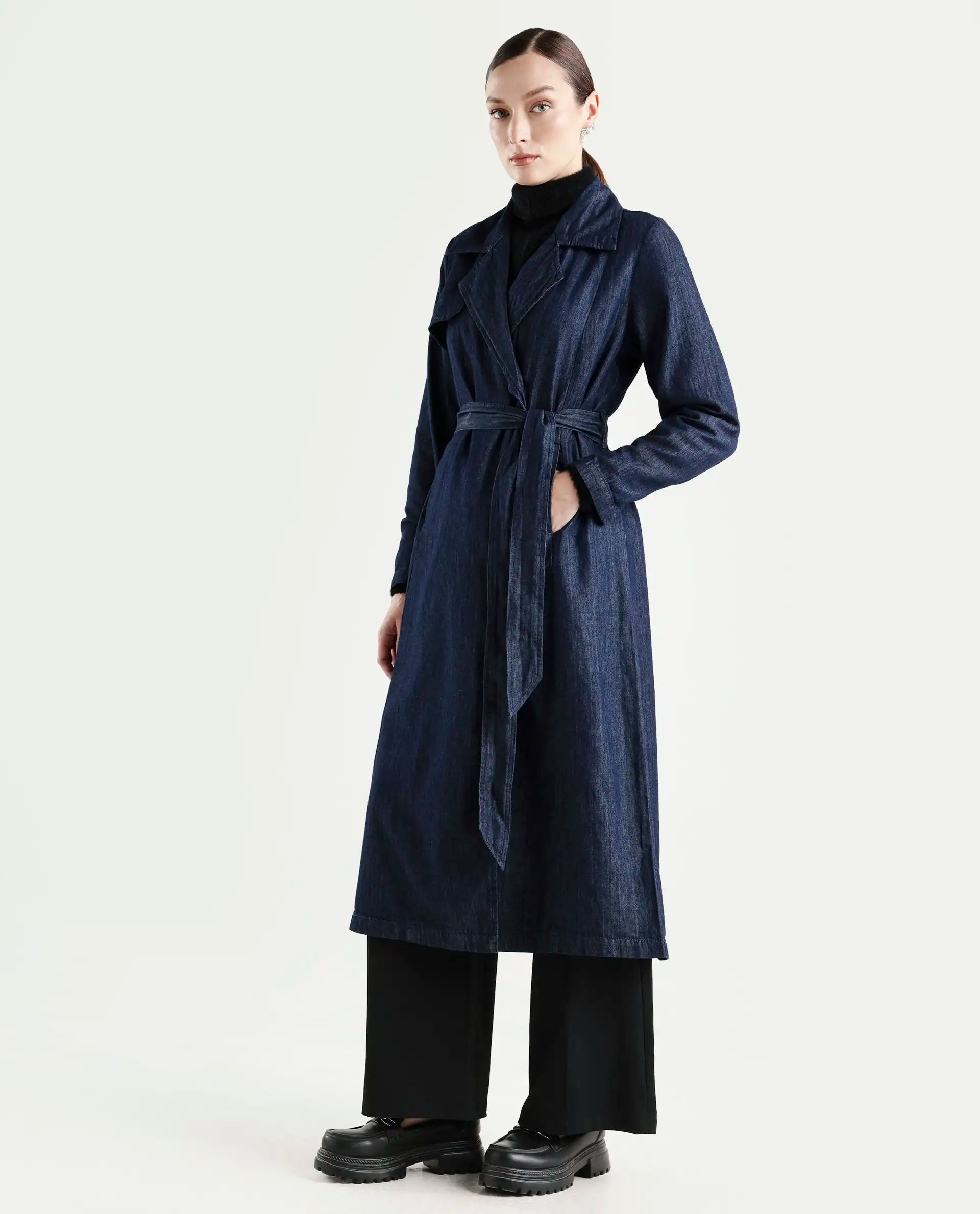 Rareism Women's Dentren Dark Blue Polyester Full Sleeve Lapel Collar Relaxed Fit Plain Coat