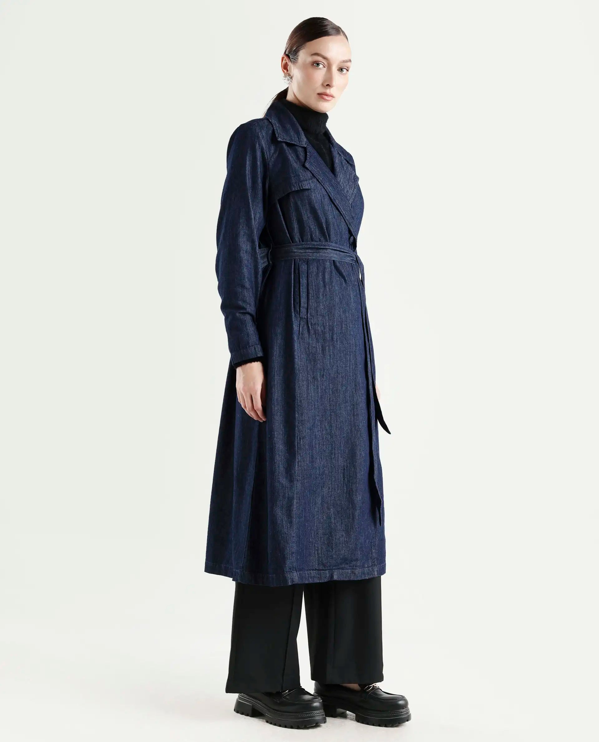 Rareism Women's Dentren Dark Blue Polyester Full Sleeve Lapel Collar Relaxed Fit Plain Coat