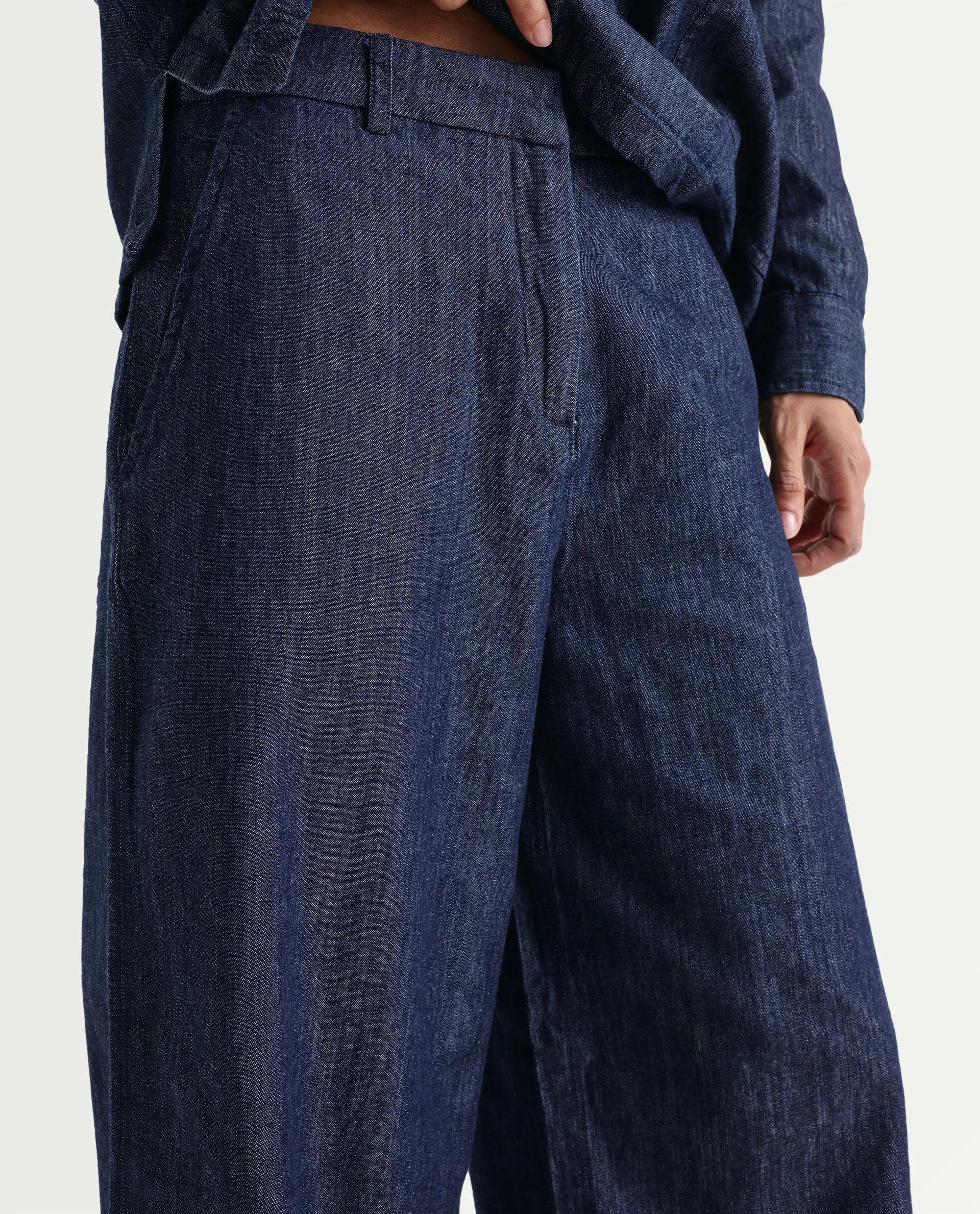 Rareism Women's Dento-B Dark Blue Cotton Wide Plain Jeans
