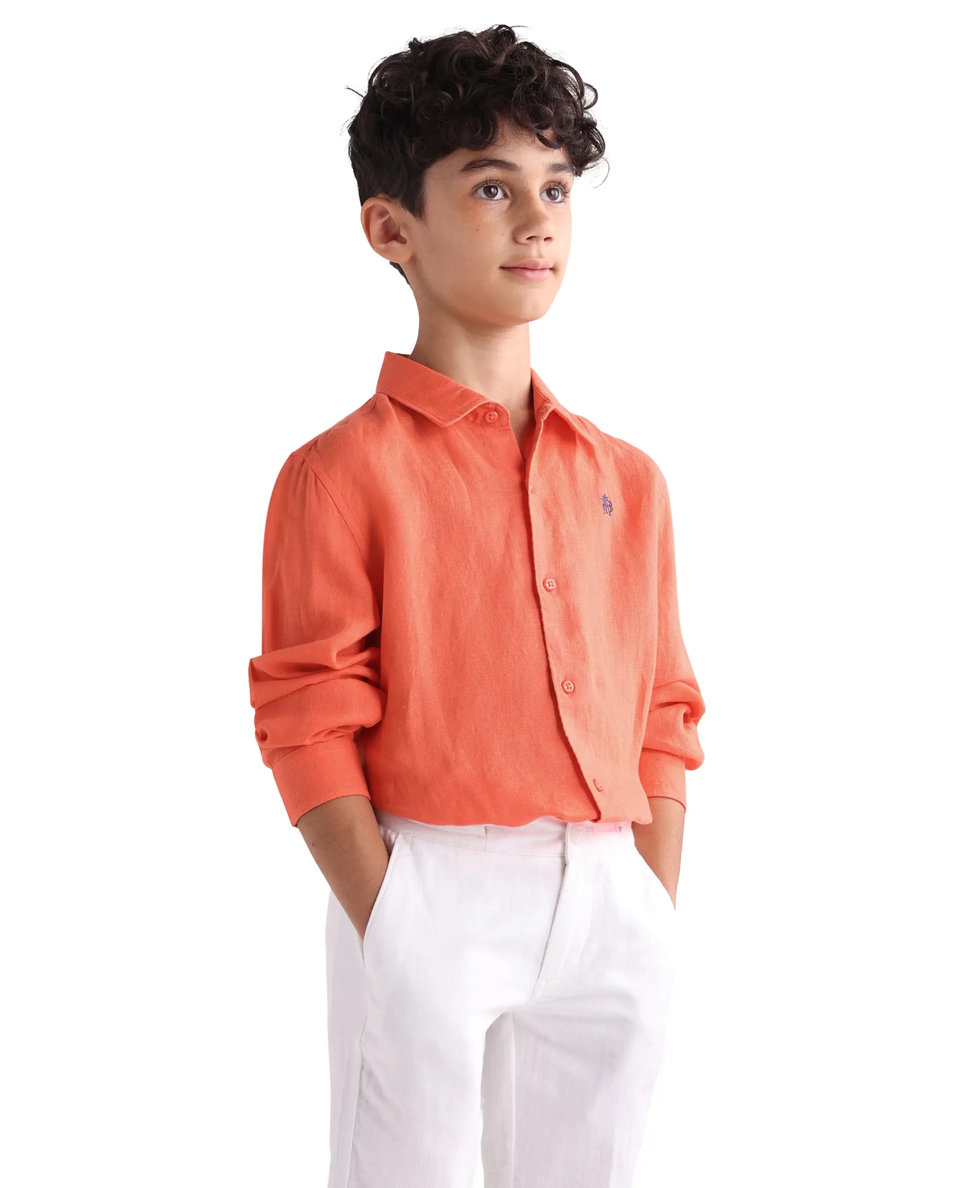 Rare Ones Kids Linot-Fs Red Linen Blend Button Closure Regular Fit Shirt
