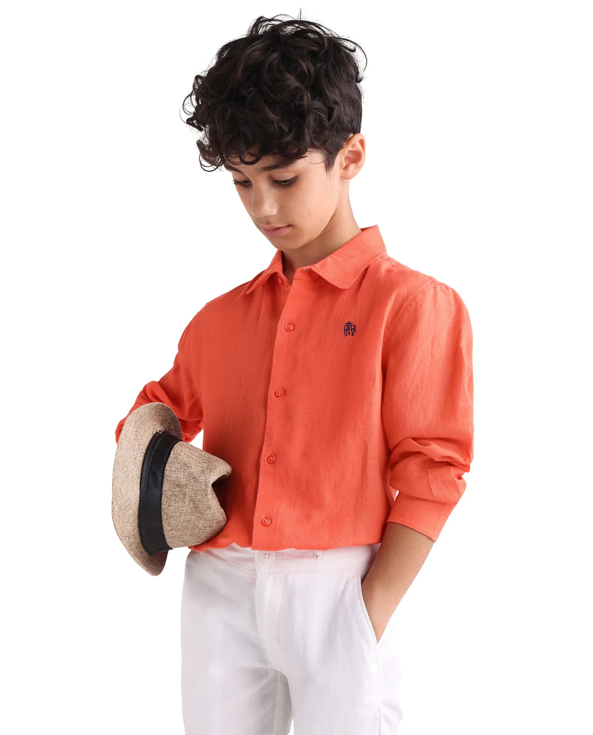 Rare Ones Kids Linot-Fs Red Linen Blend Button Closure Regular Fit Shirt