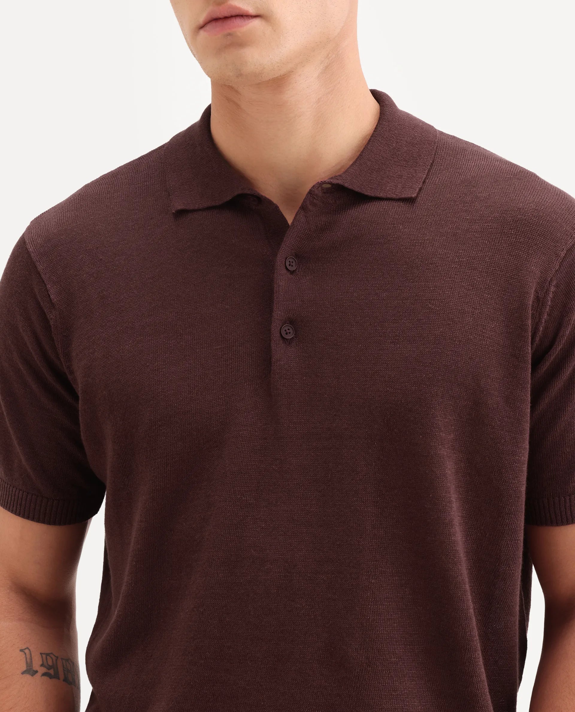 Rare Rabbit Men's Mekko-S26 Dusky Red Linen Blend Fabric Half Sleeve Spread Collar Regular Plain Polo