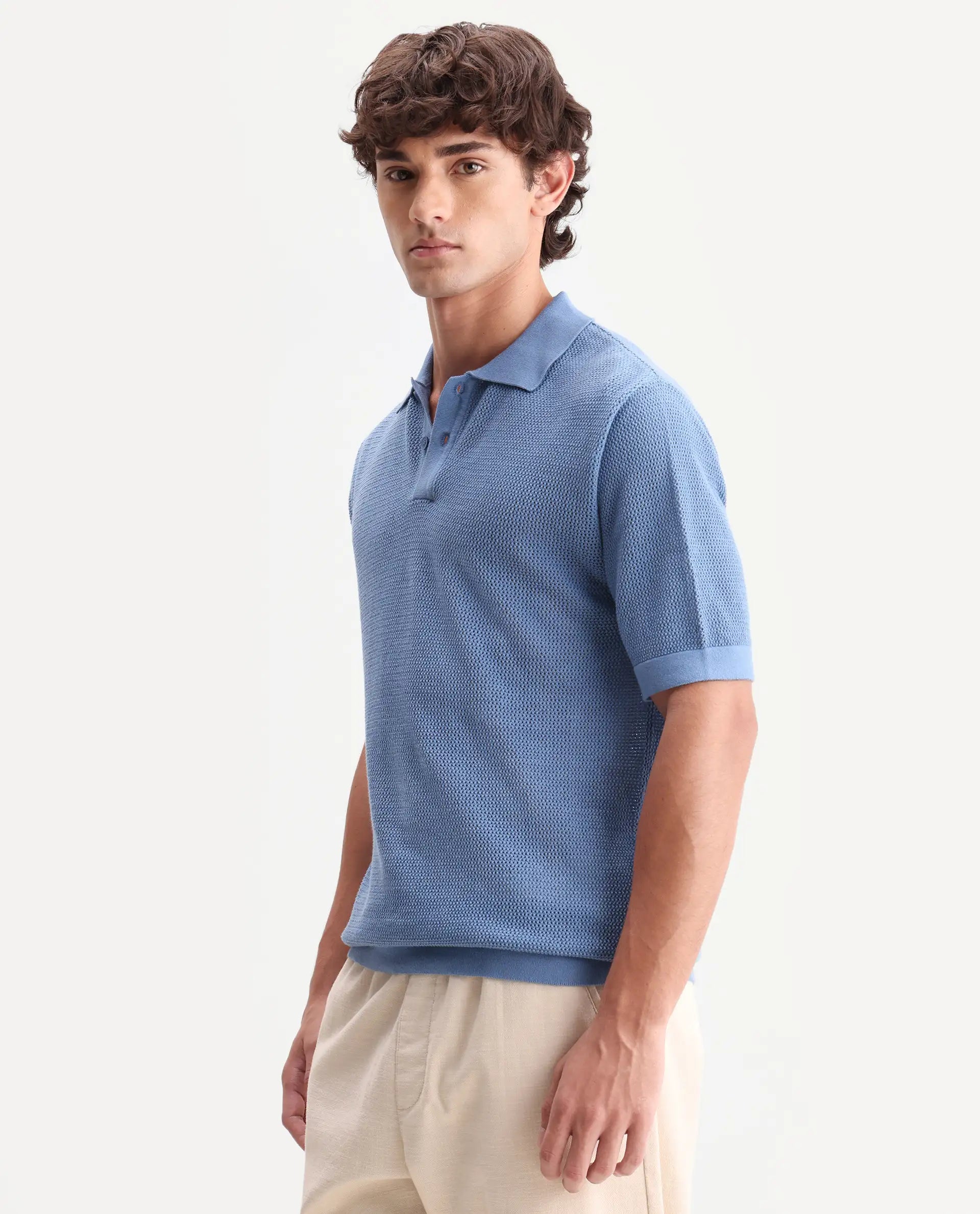 Rare Rabbit Men's Flako Fluorescent Blue Cotton Fabric Half Sleeve Spread Collar Regular Plain Polo