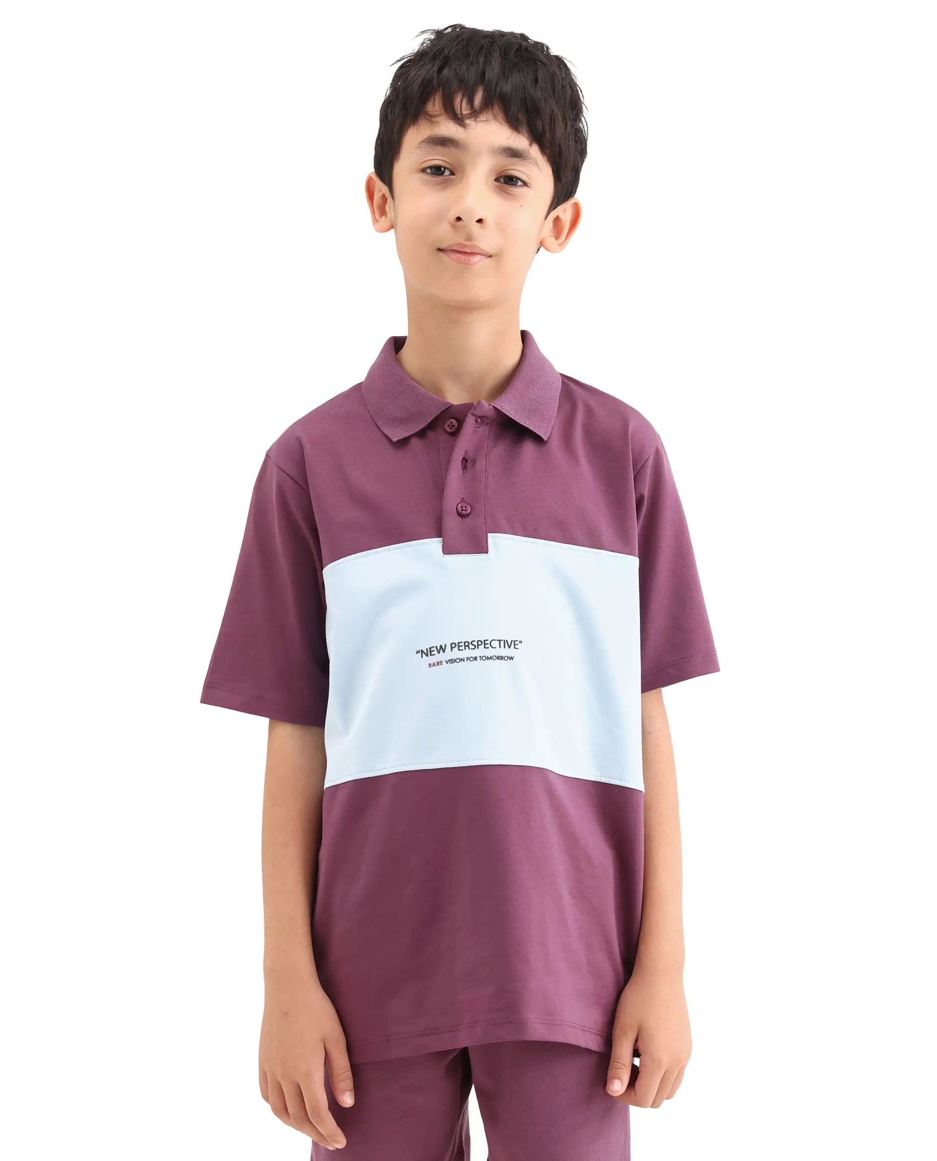 Rare Ones Kids Boxo Dusky Purple Cotton Button Closure Color Block Regular Fit Polo