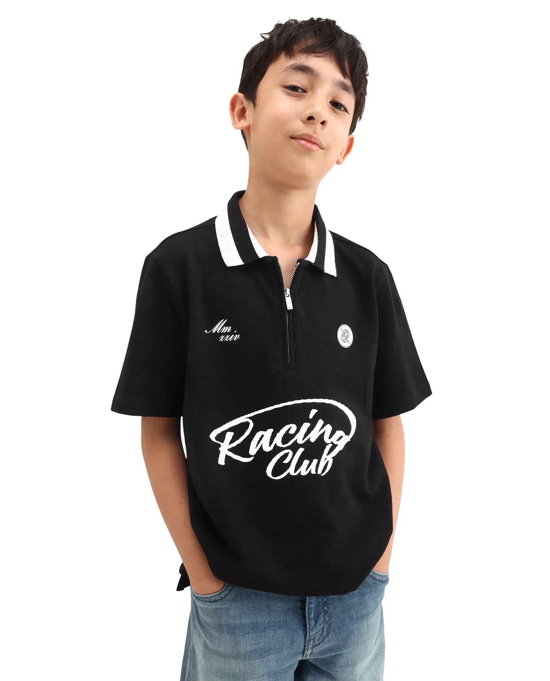 Rare Ones Kids Rino Black Cotton Zipper Closure Regular Fit Polo