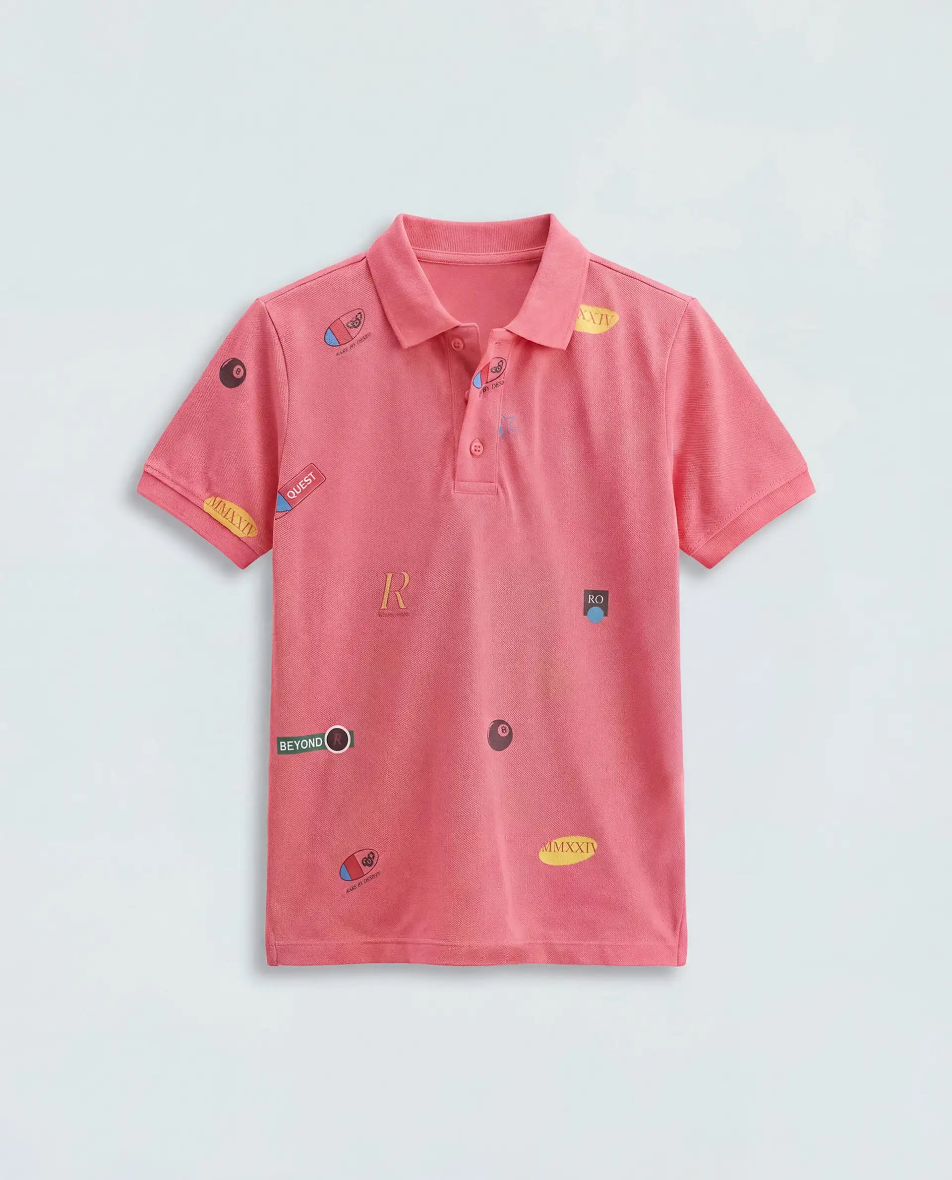 Rare Ones Kids Rixo Orange Cotton Button Closure All Over Print Regular Fit Polo