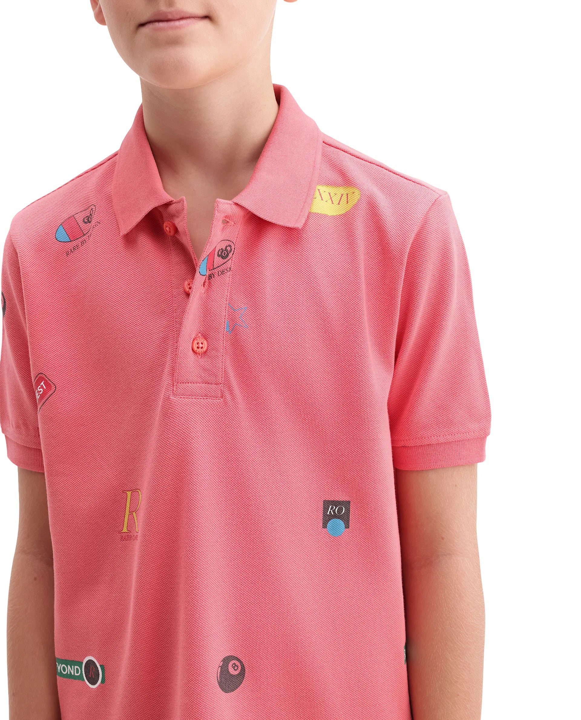 Rare Ones Kids Rixo Orange Cotton Button Closure All Over Print Regular Fit Polo