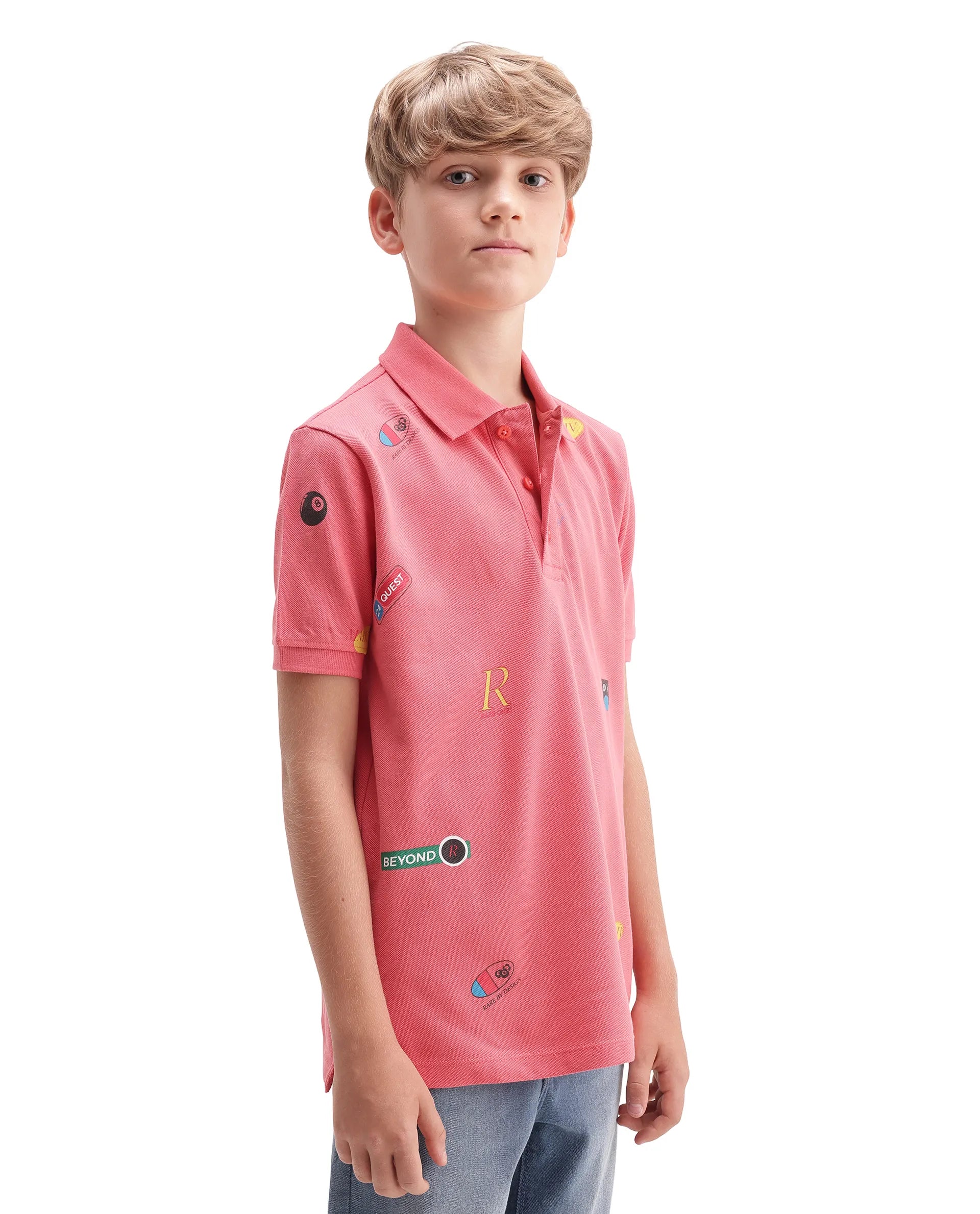 Rare Ones Kids Rixo Orange Cotton Button Closure All Over Print Regular Fit Polo