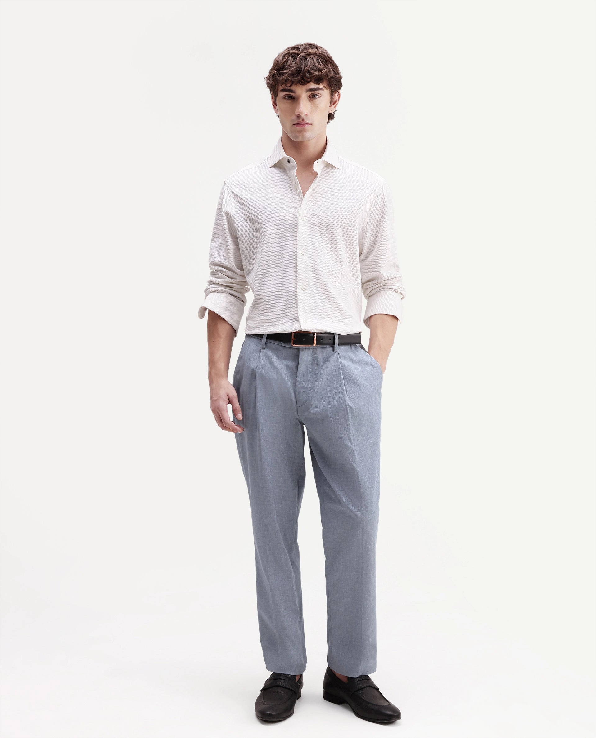 Rare Rabbit Men's Cami Light Blue Cotton Blend Fabric Regular Fit Plain Trouser