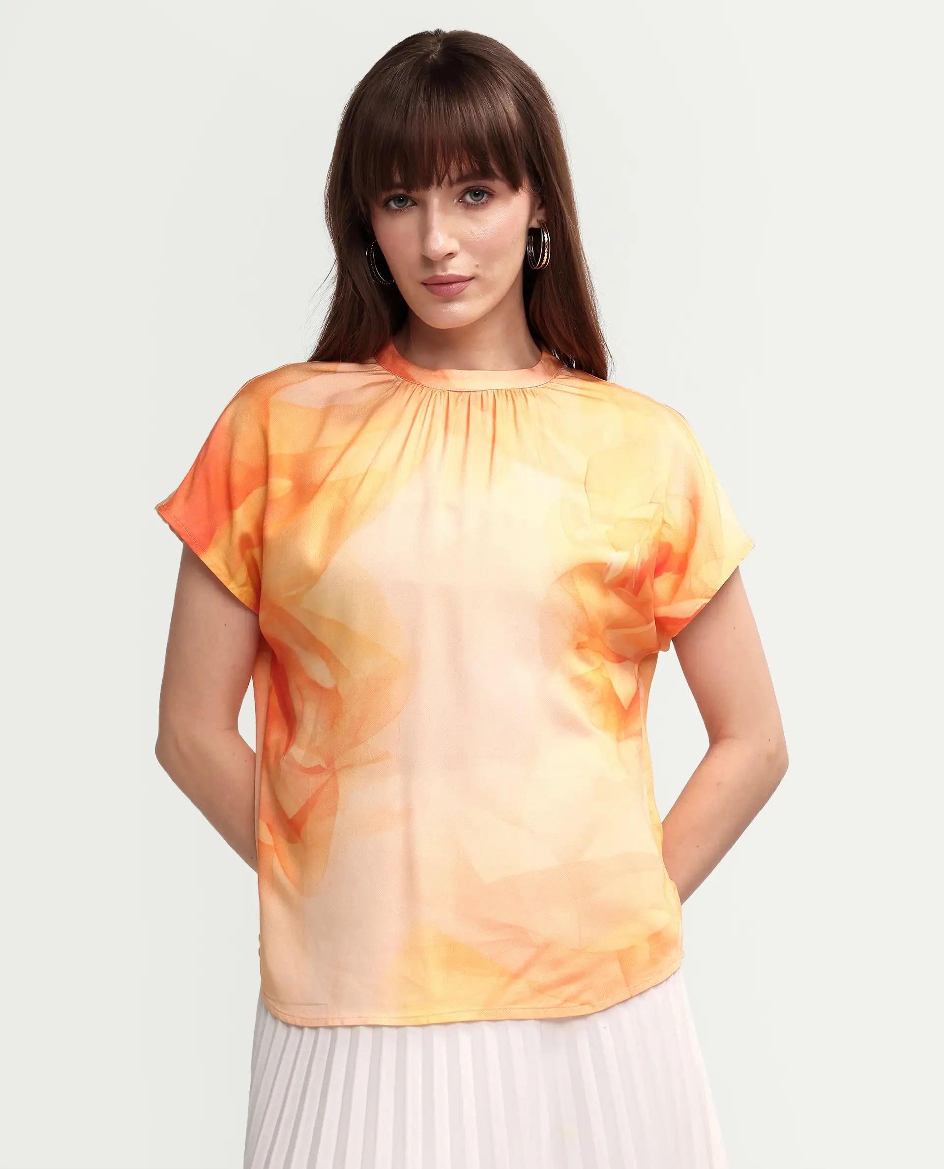 Rareism Women's Macxi Yellow Cotton Satin Half Sleeve Band Collar Regular Floral Print Top