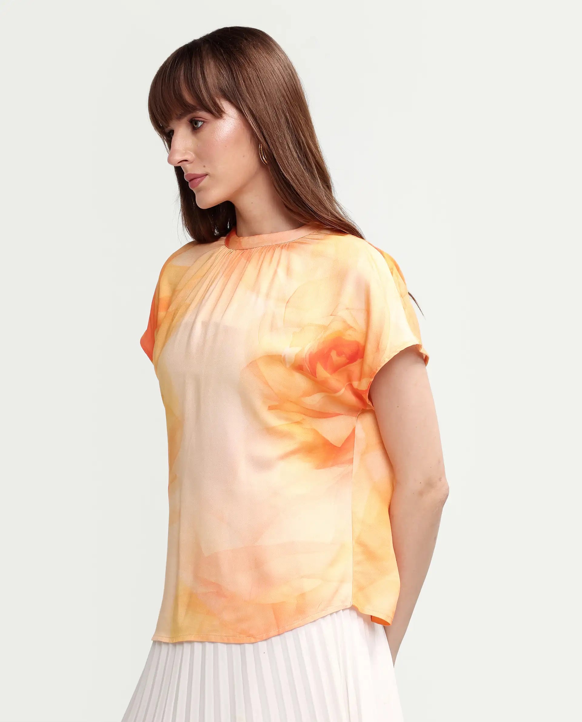 Rareism Women's Macxi Yellow Cotton Satin Half Sleeve Band Collar Regular Floral Print Top