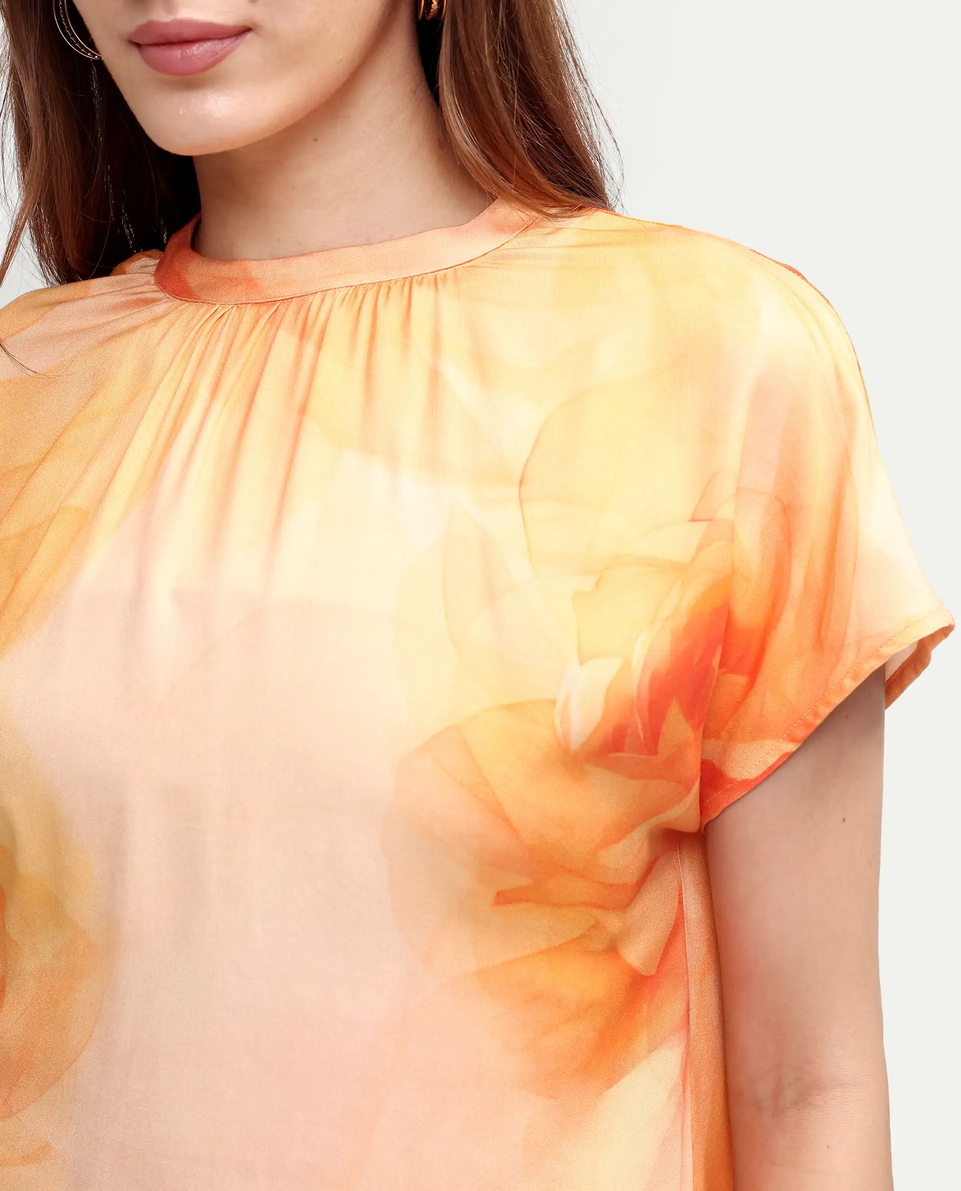 Rareism Women's Macxi Yellow Cotton Satin Half Sleeve Band Collar Regular Floral Print Top