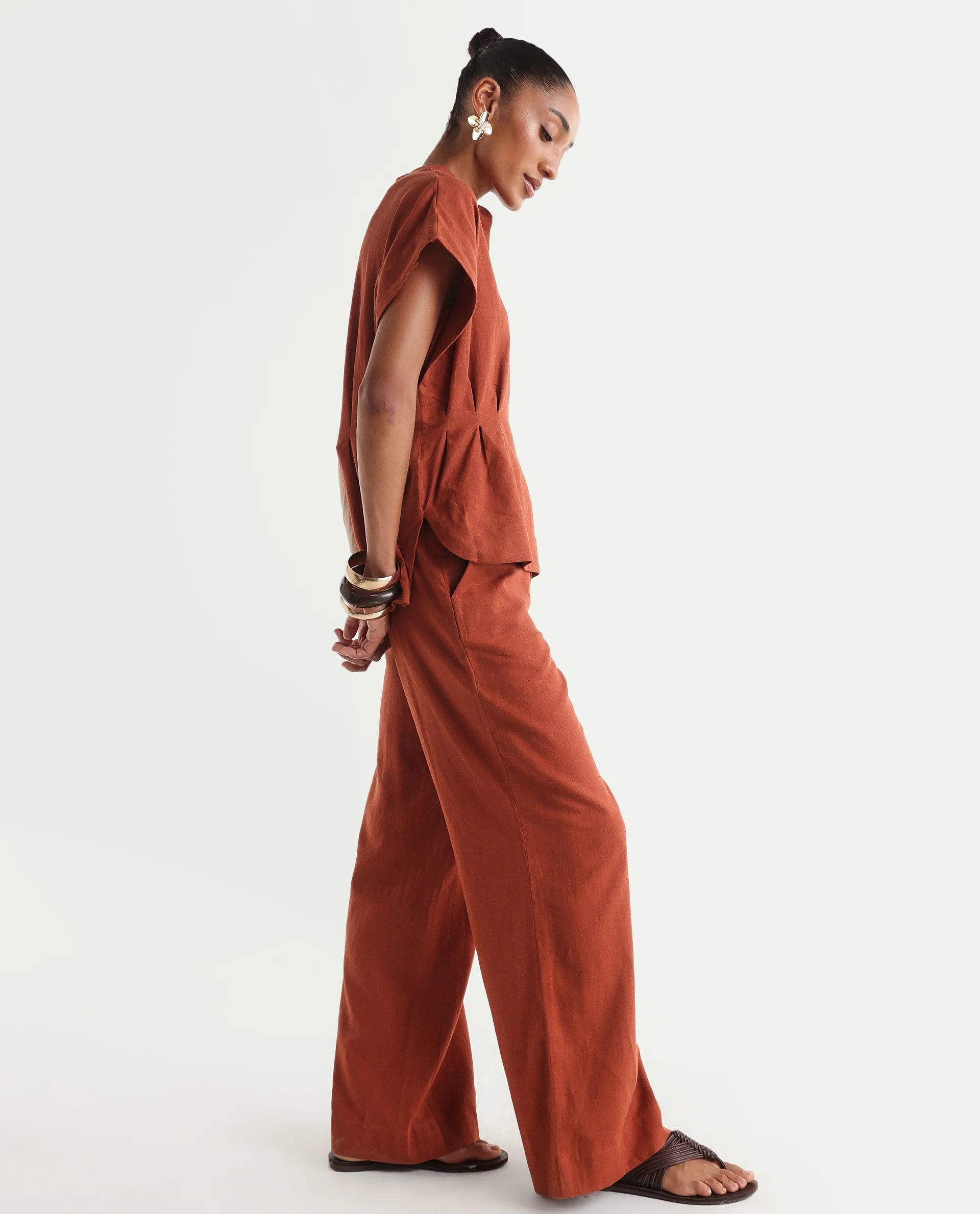 Rareism Women's Mappy-B Rust Linen Wide Plain Trouser