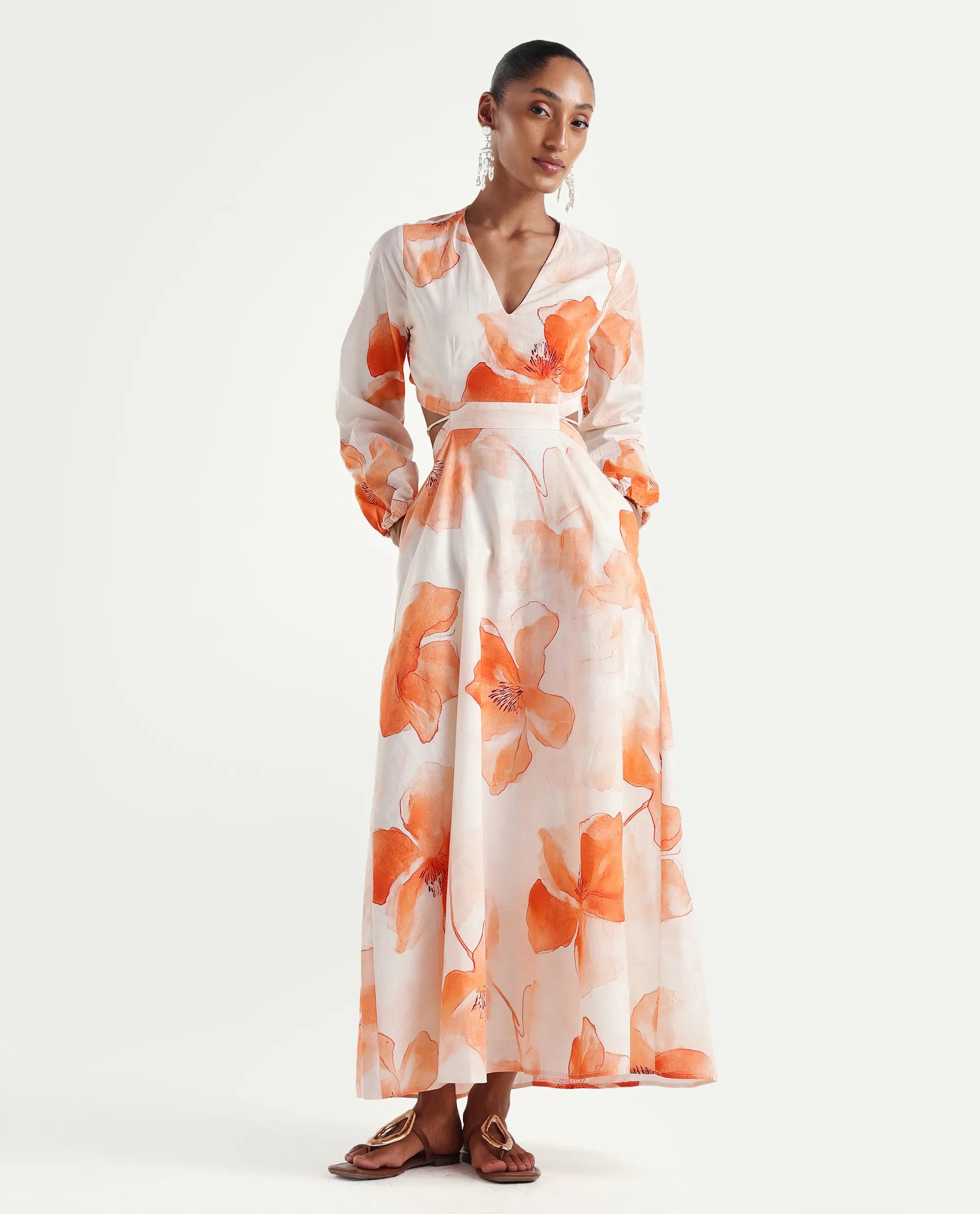 Rareism Women's Mefi Multi Cotton Full Sleeve V-Neck Fit And Flare Floral Print Dress