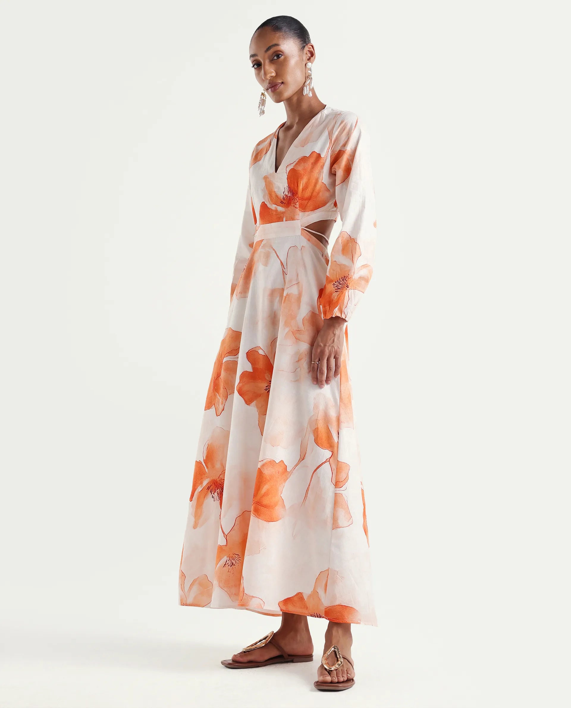 Rareism Women's Mefi Multi Cotton Full Sleeve V-Neck Fit And Flare Floral Print Dress