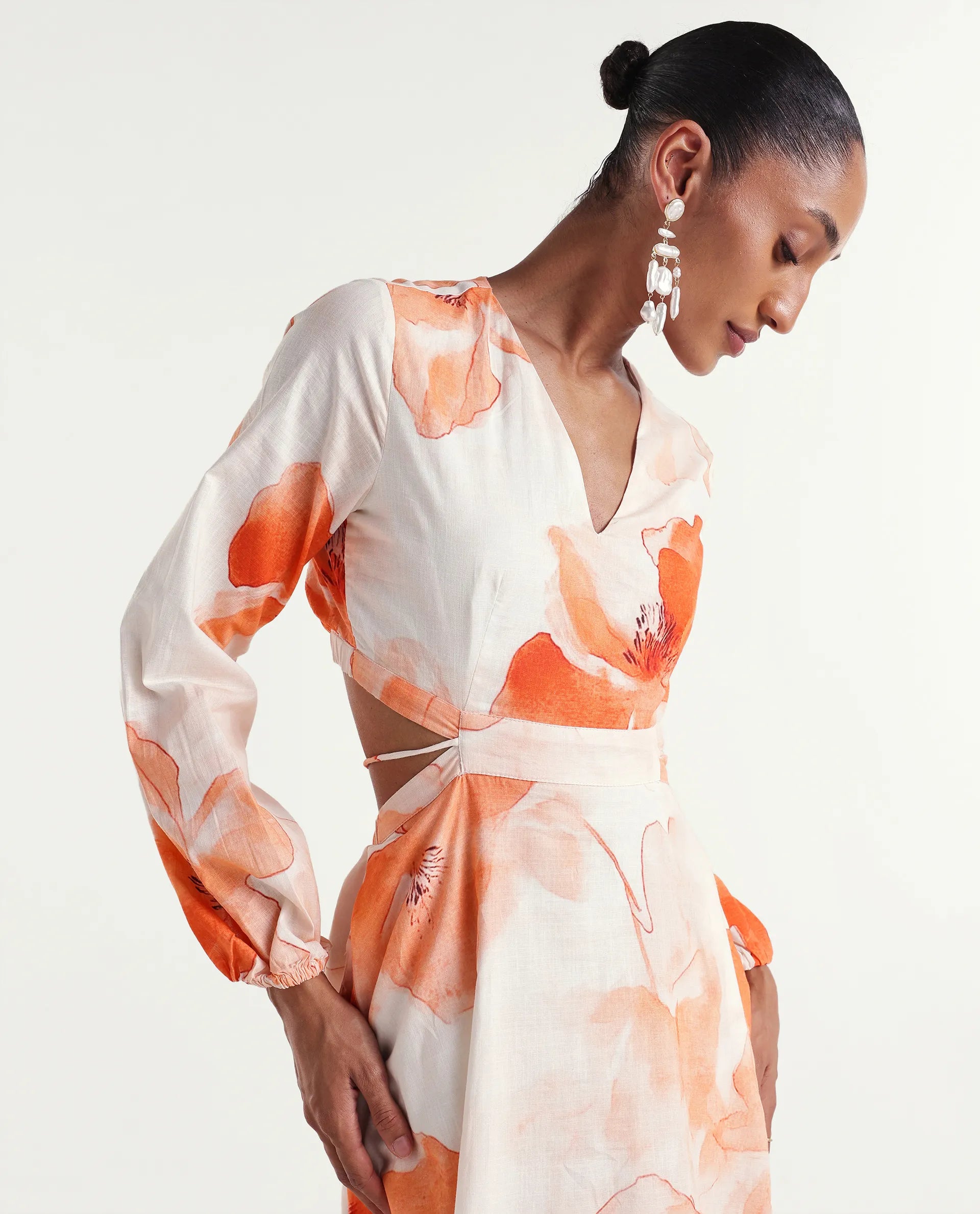 Rareism Women's Mefi Multi Cotton Full Sleeve V-Neck Fit And Flare Floral Print Dress