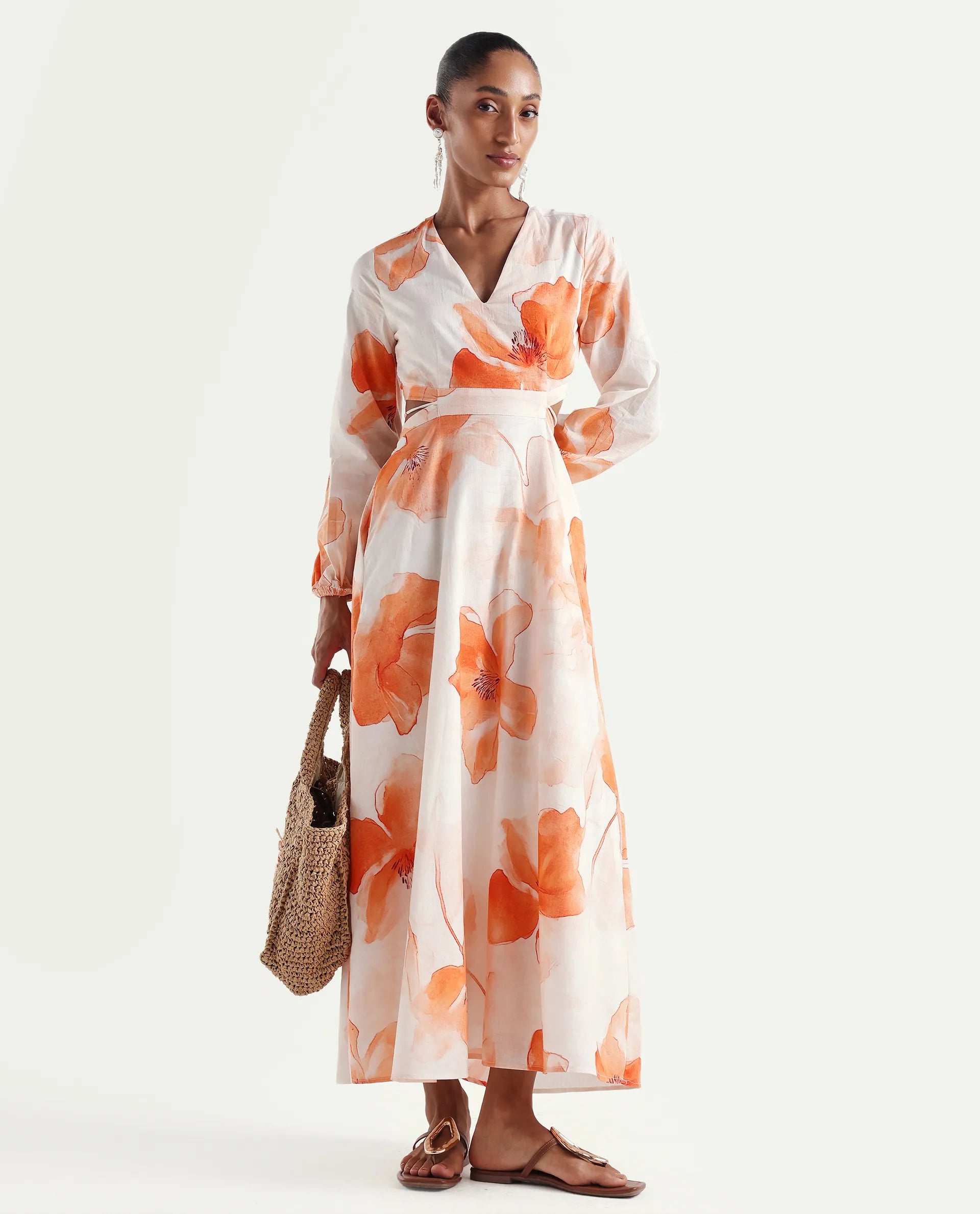 Rareism Women's Mefi Multi Cotton Full Sleeve V-Neck Fit And Flare Floral Print Dress
