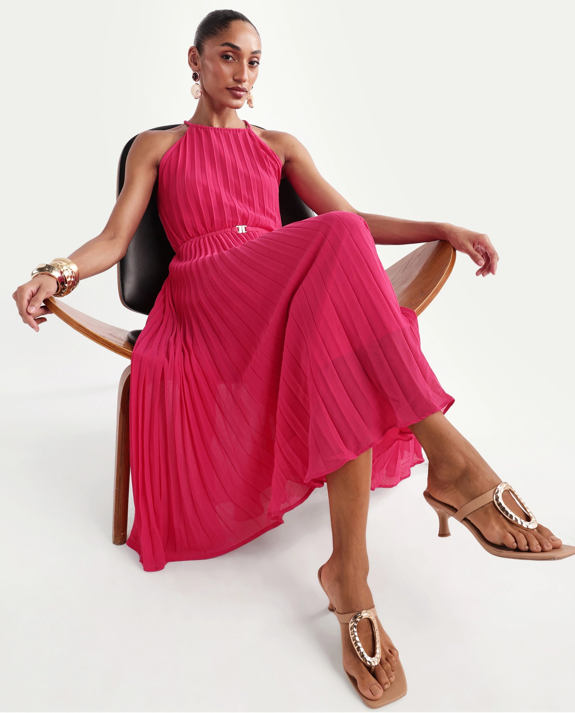Rareism Women's Meplet Pink Polyester Sleeveless Halter Neck A-Line Dress