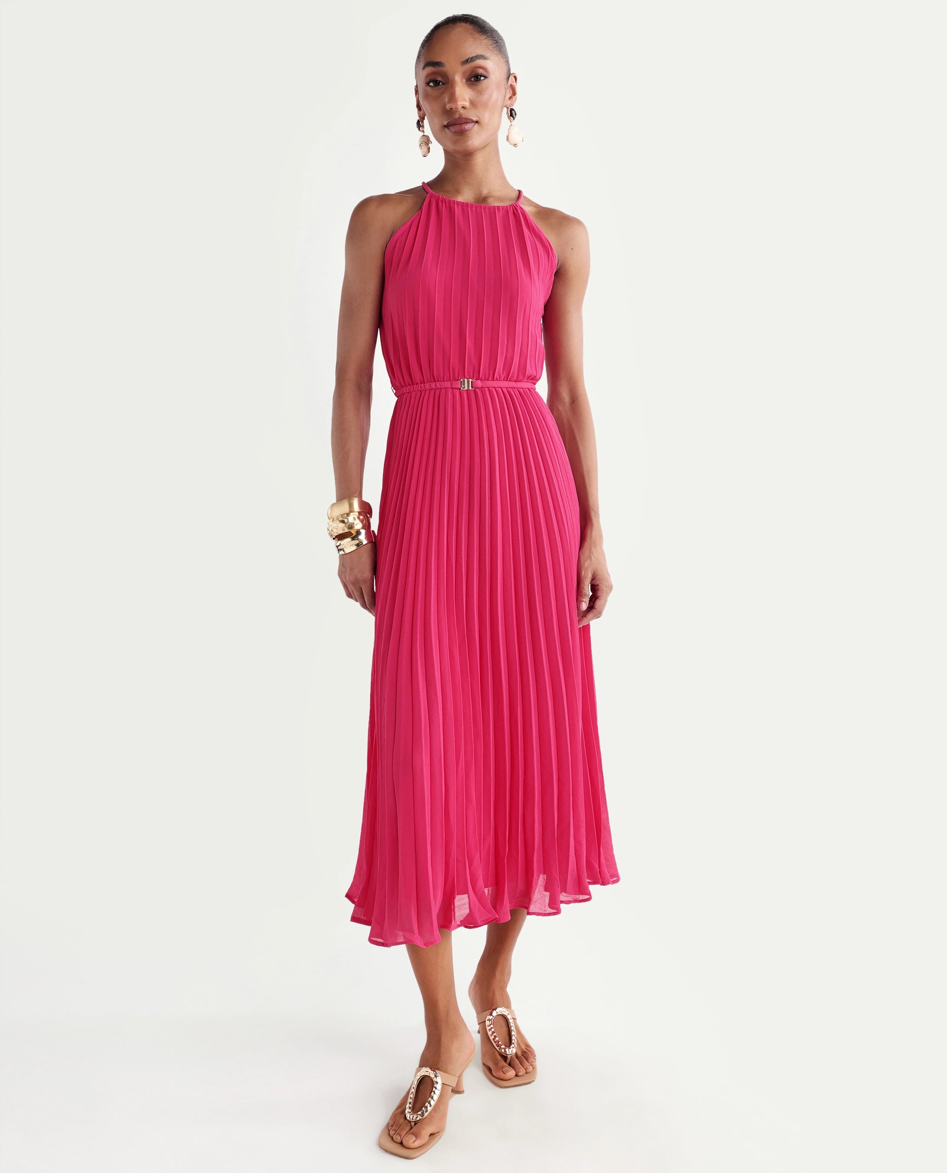 Rareism Women's Meplet Pink Polyester Sleeveless Halter Neck A-Line Dress