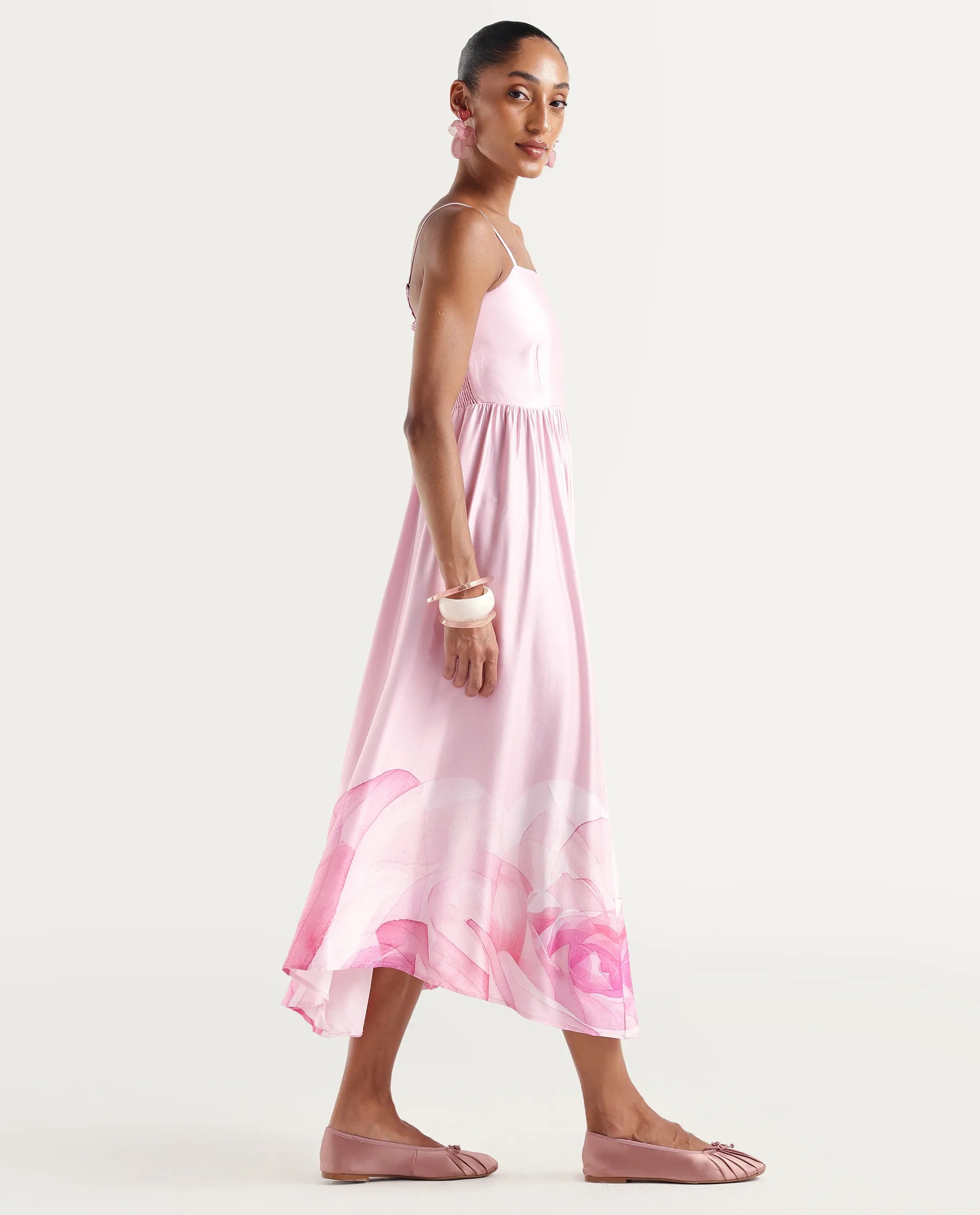 Rareism Women's Mezozo Light Pink Cotton Satin Sleeveless Square Neck Fit And Flare Floral Print Dress
