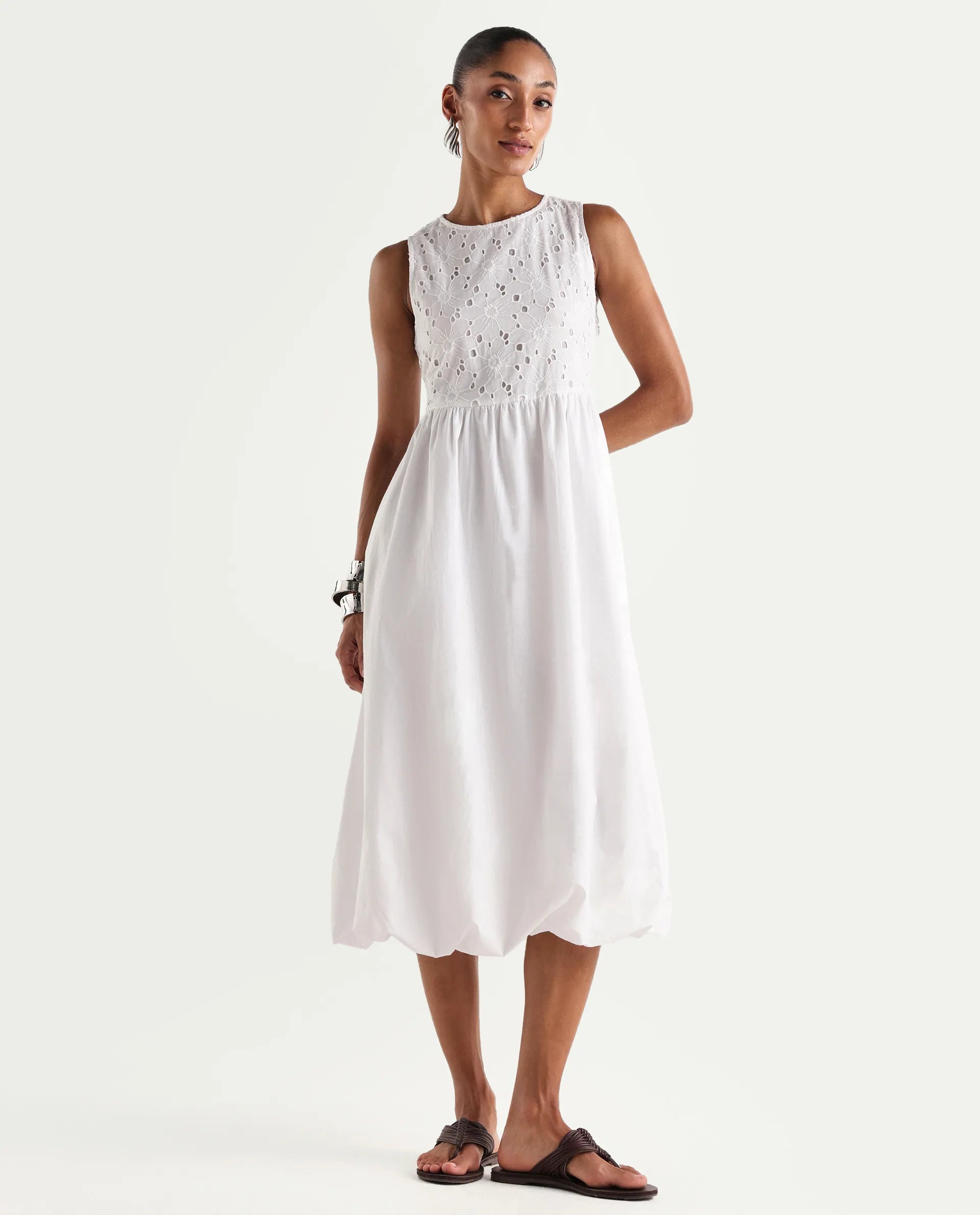 Rareism Women's Miso Off White Cotton Sleeveless Round Neck Fit And Flare Schiffli Dress