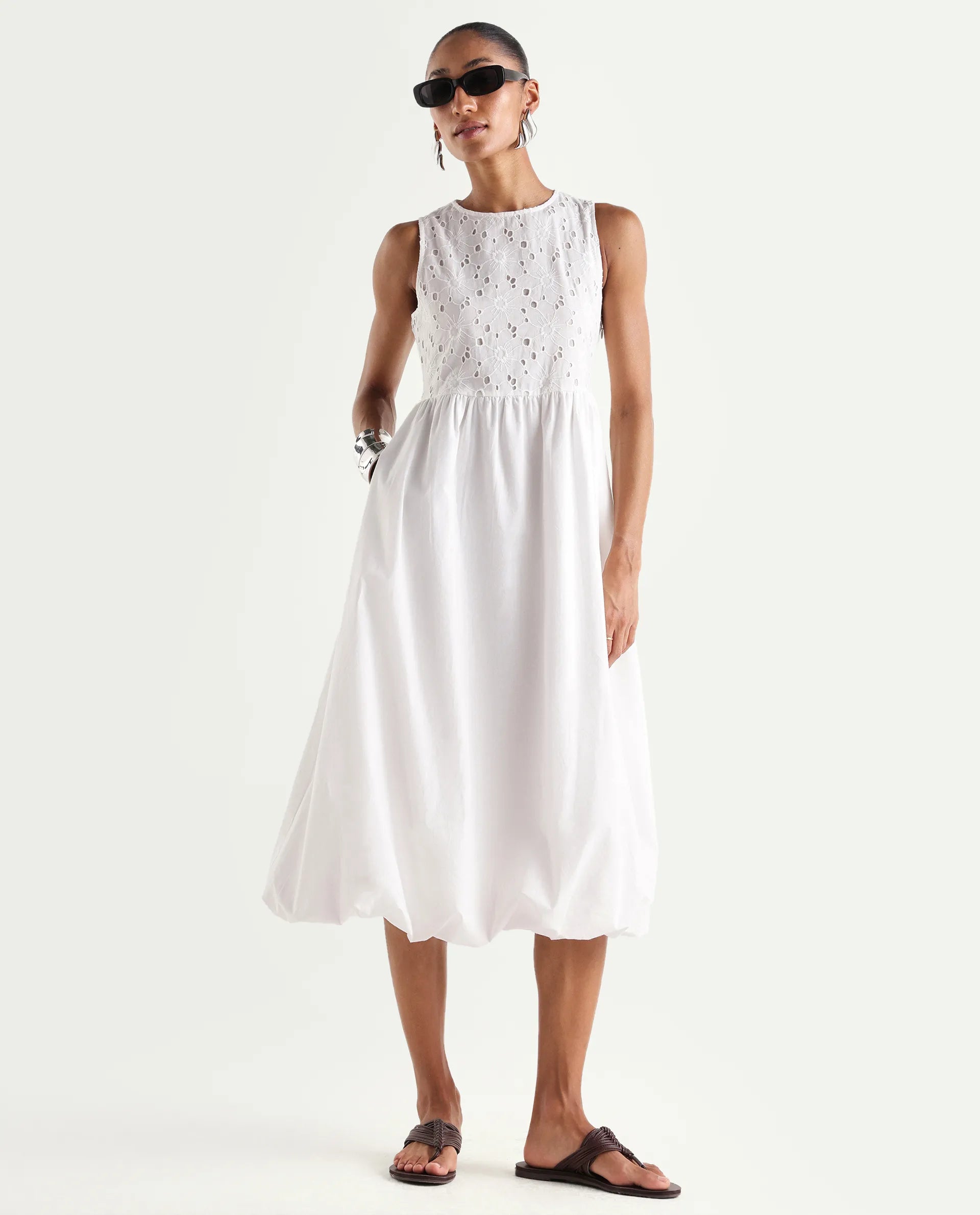 Rareism Women's Miso Off White Cotton Sleeveless Round Neck Fit And Flare Schiffli Dress