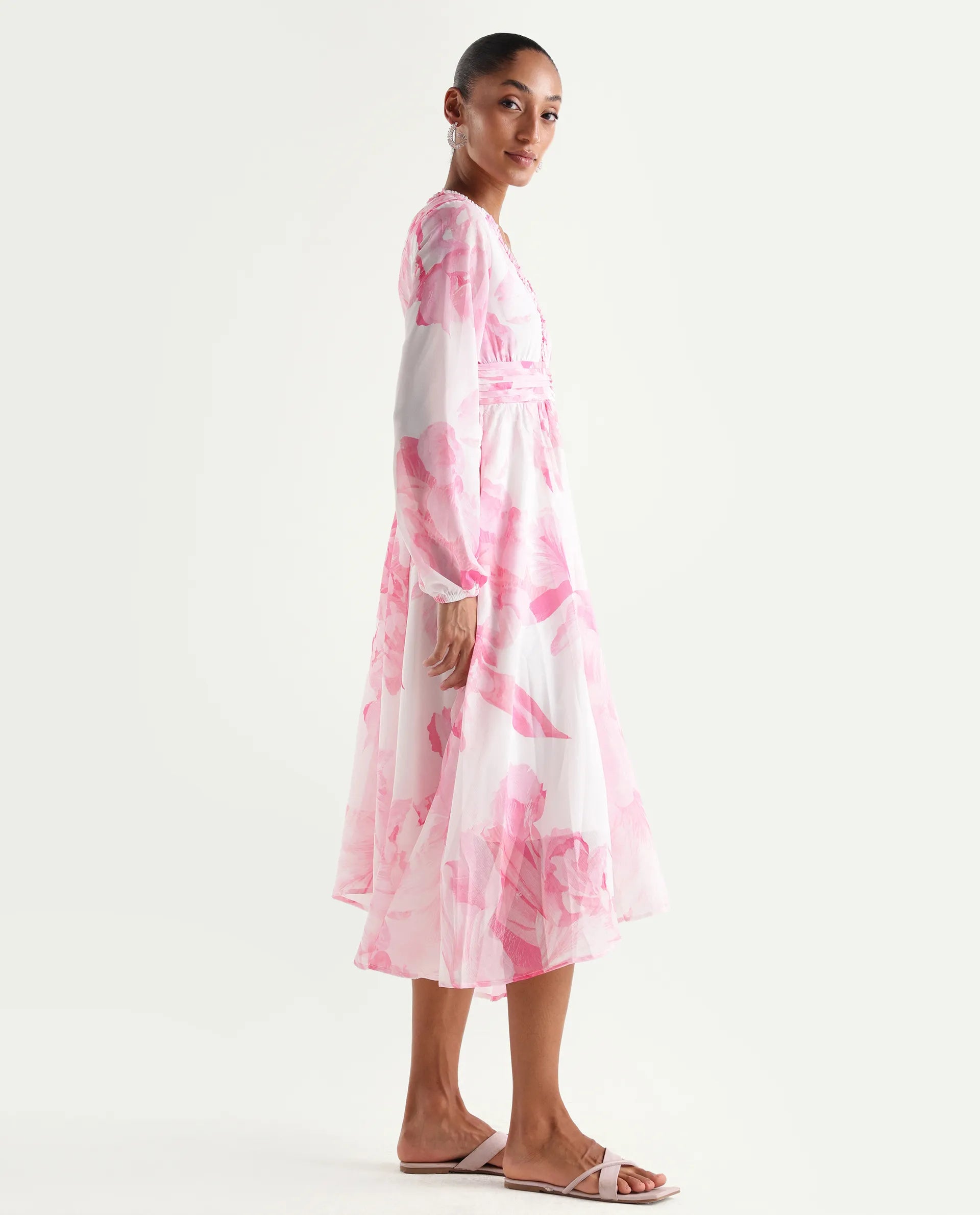 Rareism Women's Monfriko Off White Polyester Full Sleeve Ruffled Neck Fit And Flare Floral Print Dress