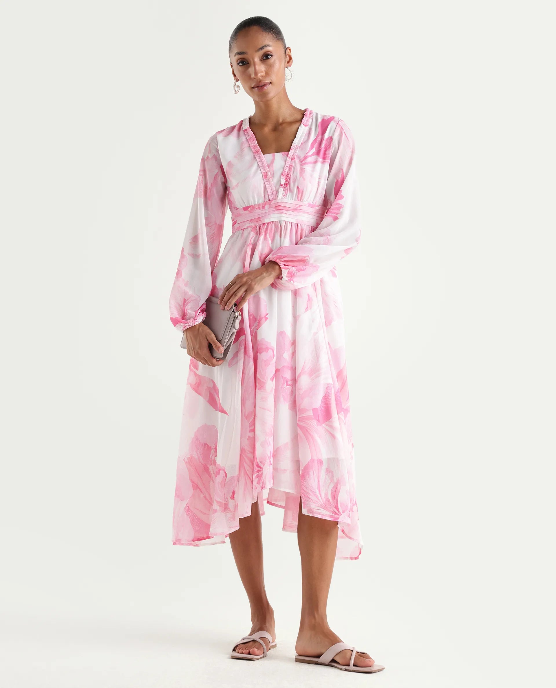 Rareism Women's Monfriko Off White Polyester Full Sleeve Ruffled Neck Fit And Flare Floral Print Dress