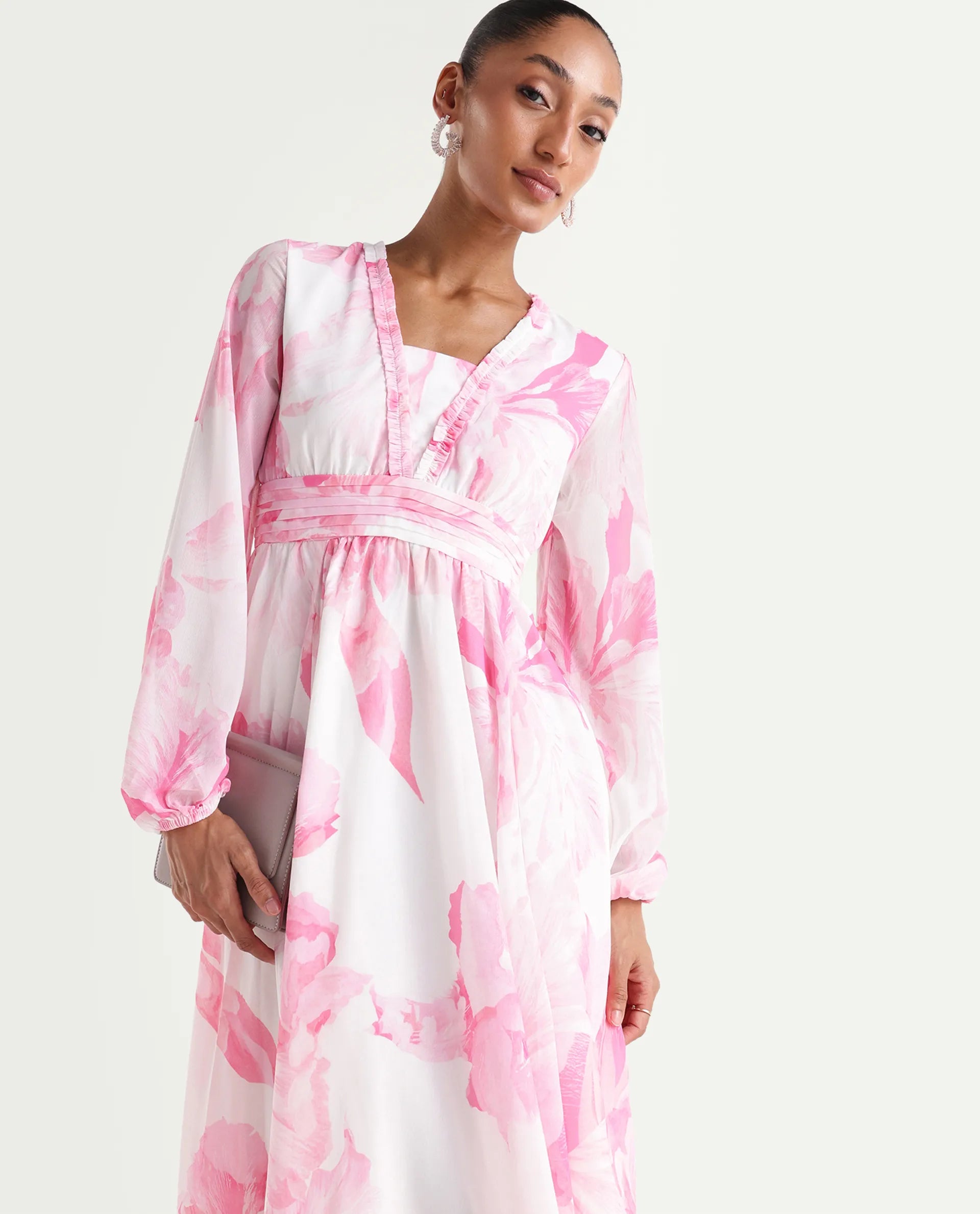 Rareism Women's Monfriko Off White Polyester Full Sleeve Ruffled Neck Fit And Flare Floral Print Dress