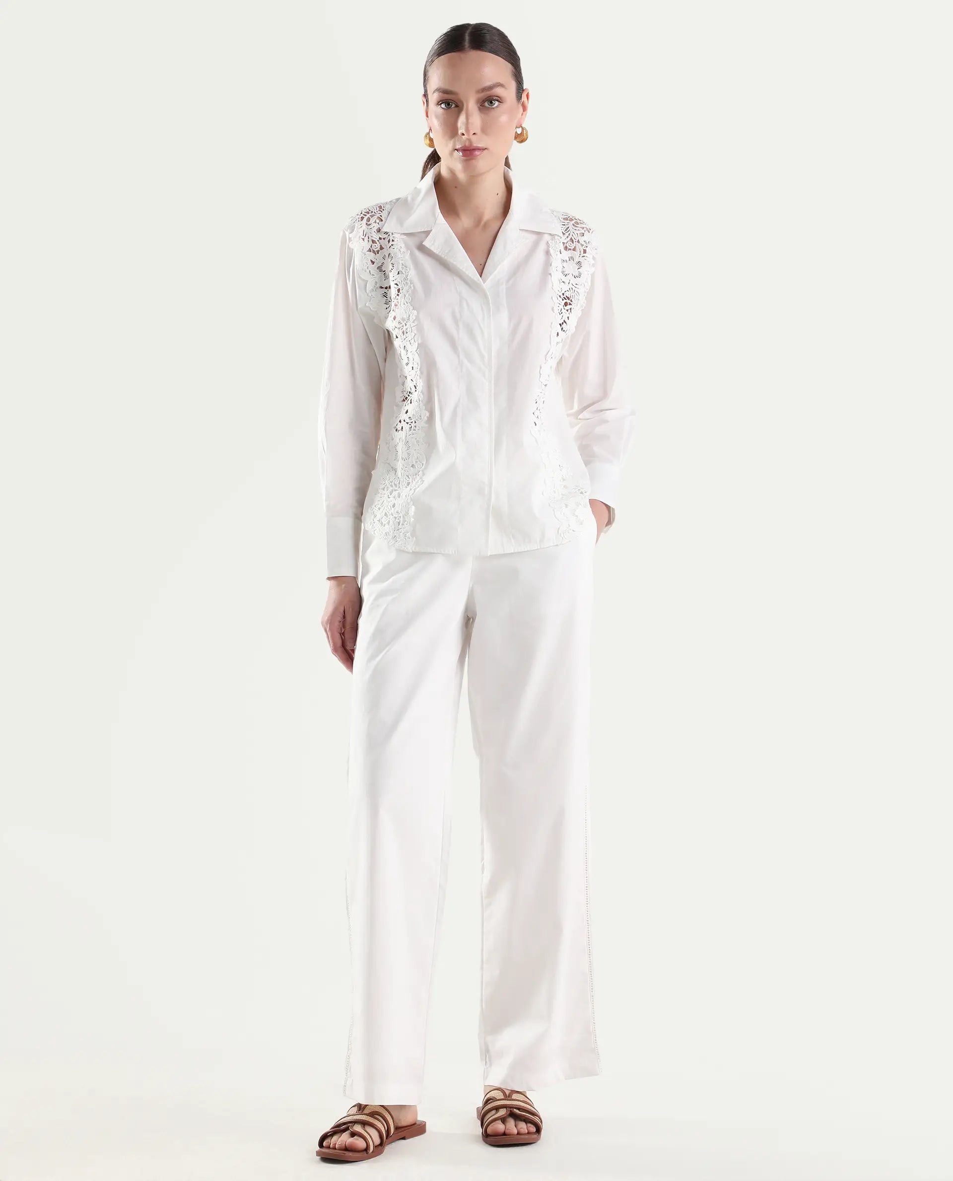 Rareism Women's Mysa-B Off White Cotton Straight Plain Trouser