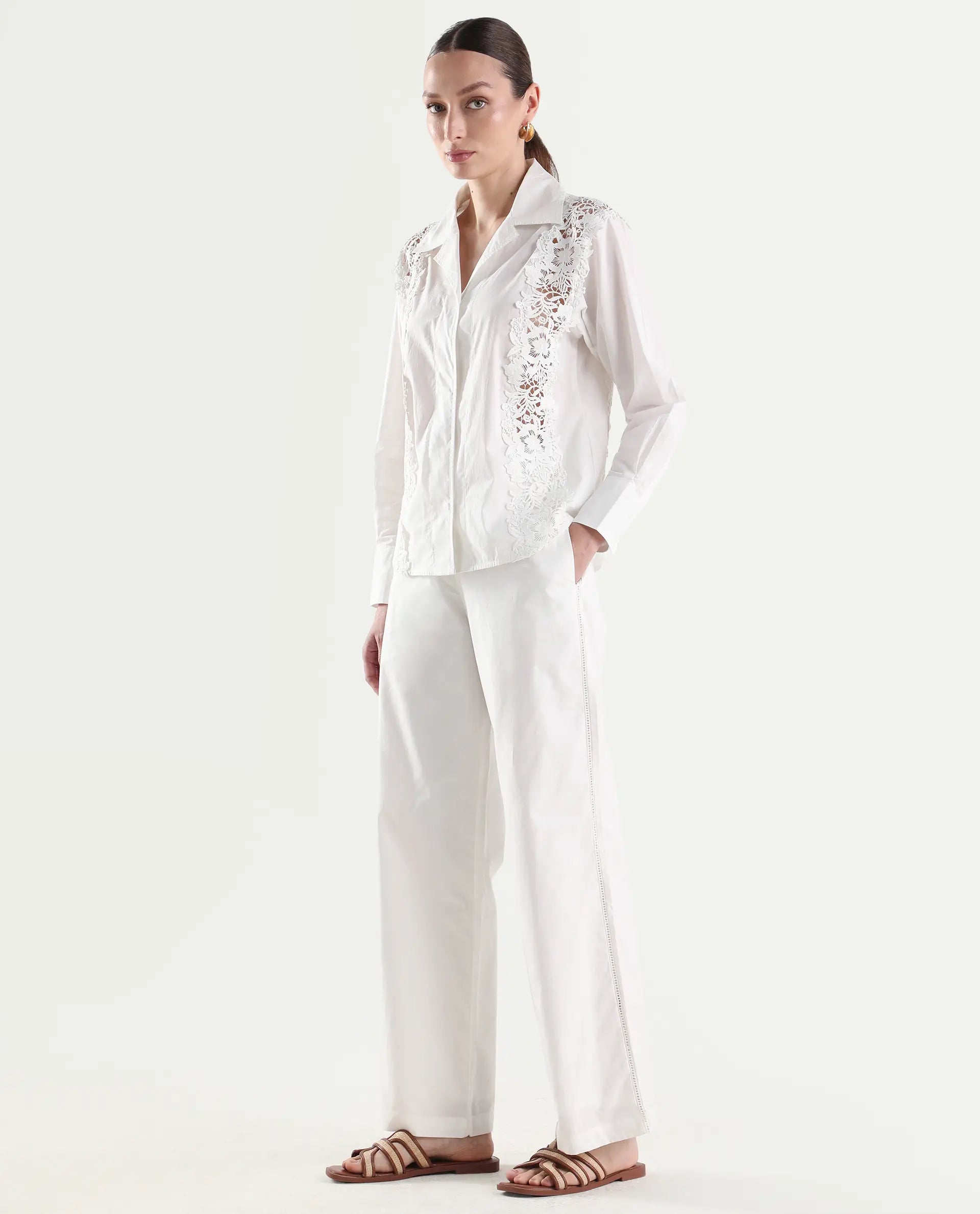 Rareism Women's Mysa-B Off White Cotton Straight Plain Trouser