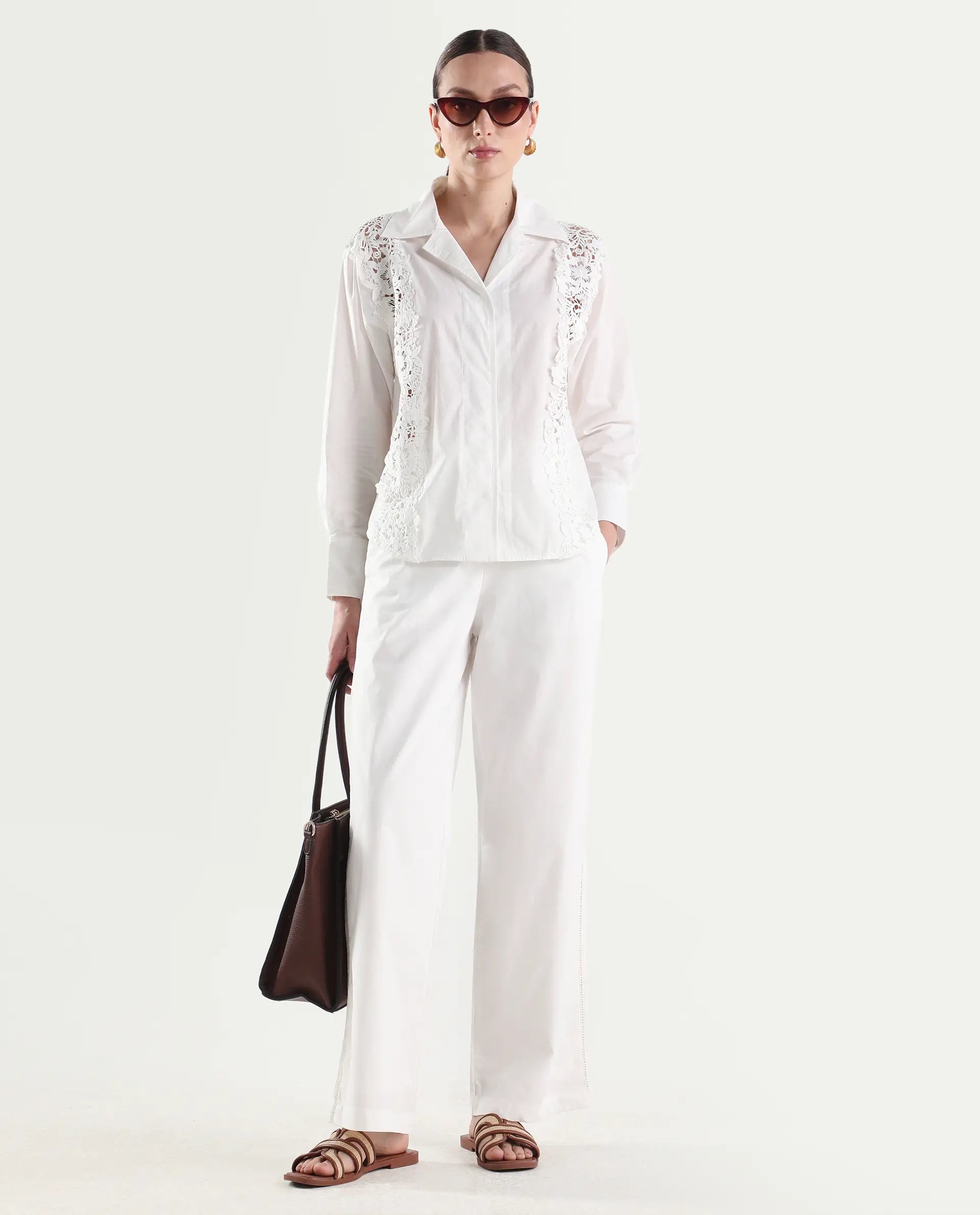 Rareism Women's Mysa-B Off White Cotton Straight Plain Trouser