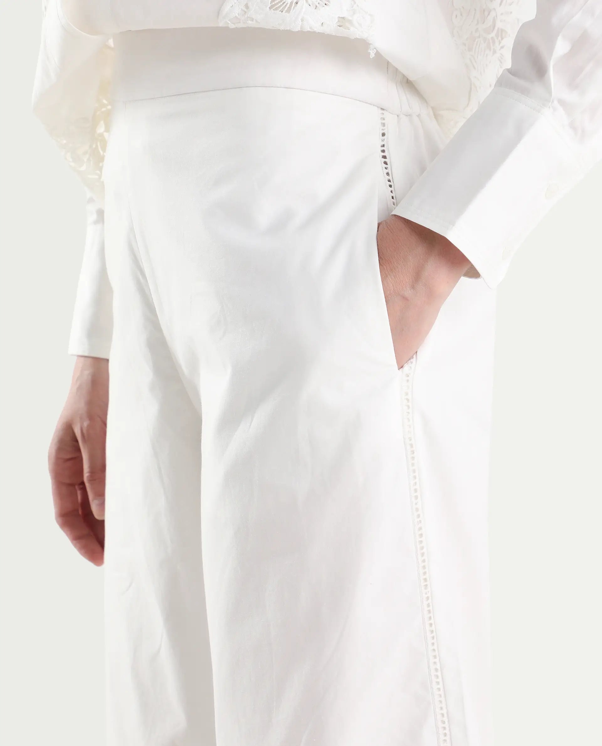 Rareism Women's Mysa-B Off White Cotton Straight Plain Trouser